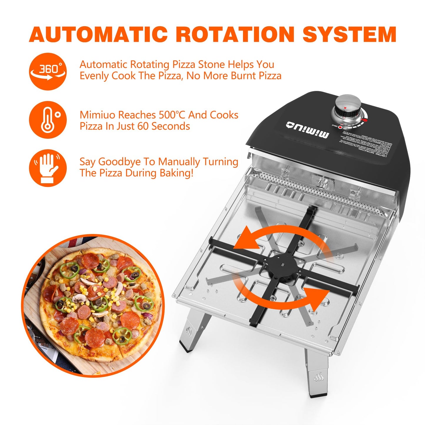 Mimiuo Outdoor Gas Pizza Oven with Automatic Rotating Stone - 39 lbs Heavy Duty Propane Pizza Stove 14 Inch for Backyard Camping, Bakes Pizza in 60 Seconds, Includes Pizza Stone, Peel & Cover
