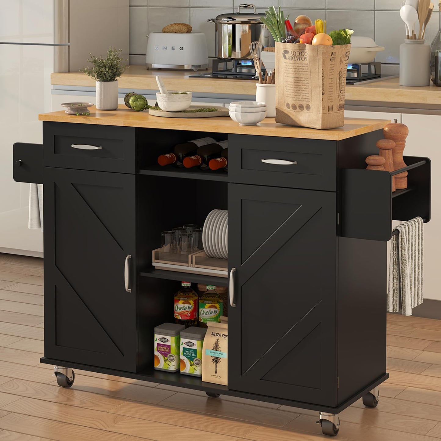 knoworld 51.5'' Rolling Kitchen Island with Storage Cabinet & Drawers, Drop Leaf Kitchen Cart on Wheels, Farmhouse Portable Mobile Islands, Large Butcher Block Table with Tower/Spice Rack, Black