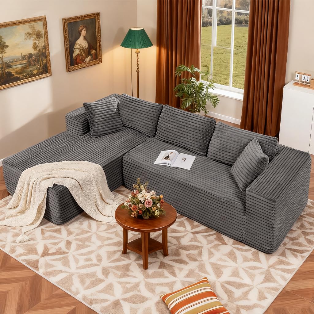 COMHOMA 105”Modular Sectional Sofa with Deep Seat,Cloud Upholstered L-Shape Boneless Couch Wide Arms Corduroy Fabric High-Density Foam Chaise Lounge for Living Room No Assembly Required,Dark Grey