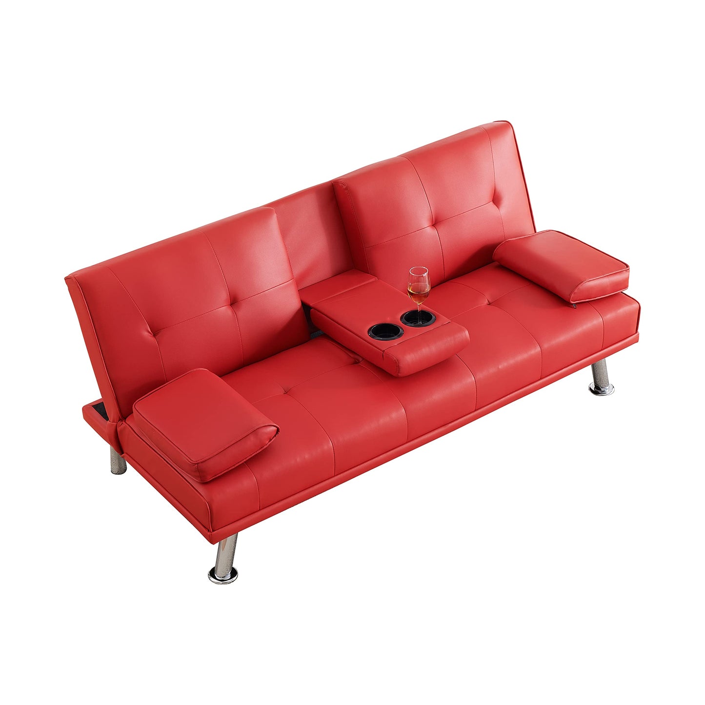 KEIKI 67" Leather Folding Futon Sofa w/Cup Holder & Adjustable Backrest, Mid Century Modern Couch Loveseat Convertible to Sleeper Bed, Comfy Cloud Couch SofaBed for Living Room & Bedroom, Red