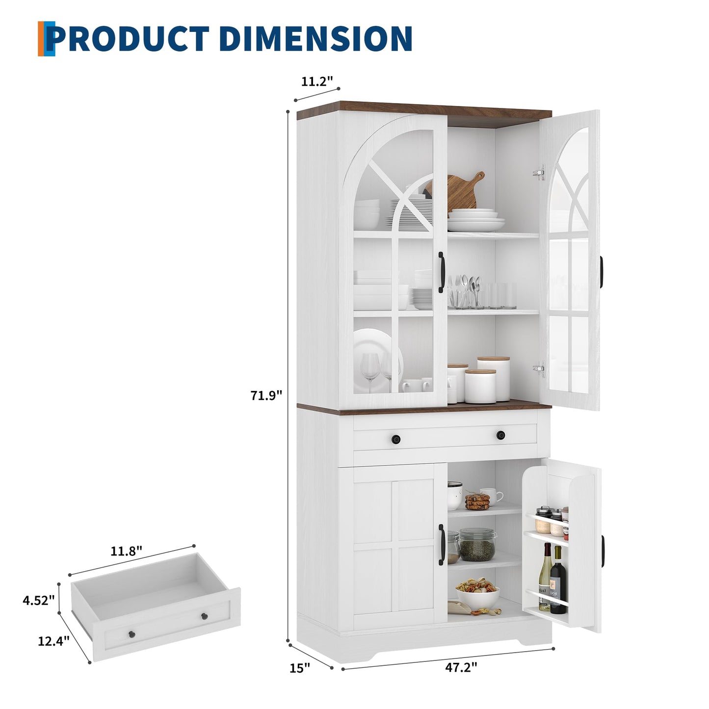 Garvee Farmhouse Pantry Cabinet, 71.9" Tall Freestanding Kitchen Cabinet with Tempered Glass Doors& Anti-Tip Design for Kitchen, Dining Room & Living Room,White