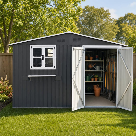 10x8 FT Storage Shed,Outdoor Metal Building Backyard Shed with 2 Clear Openable Windows,Windowsill & Garden Bed Flower Rack,Lockable Double Doors Tool Shed, Heavy Duty Waterproof,for Yard,Coal Gray