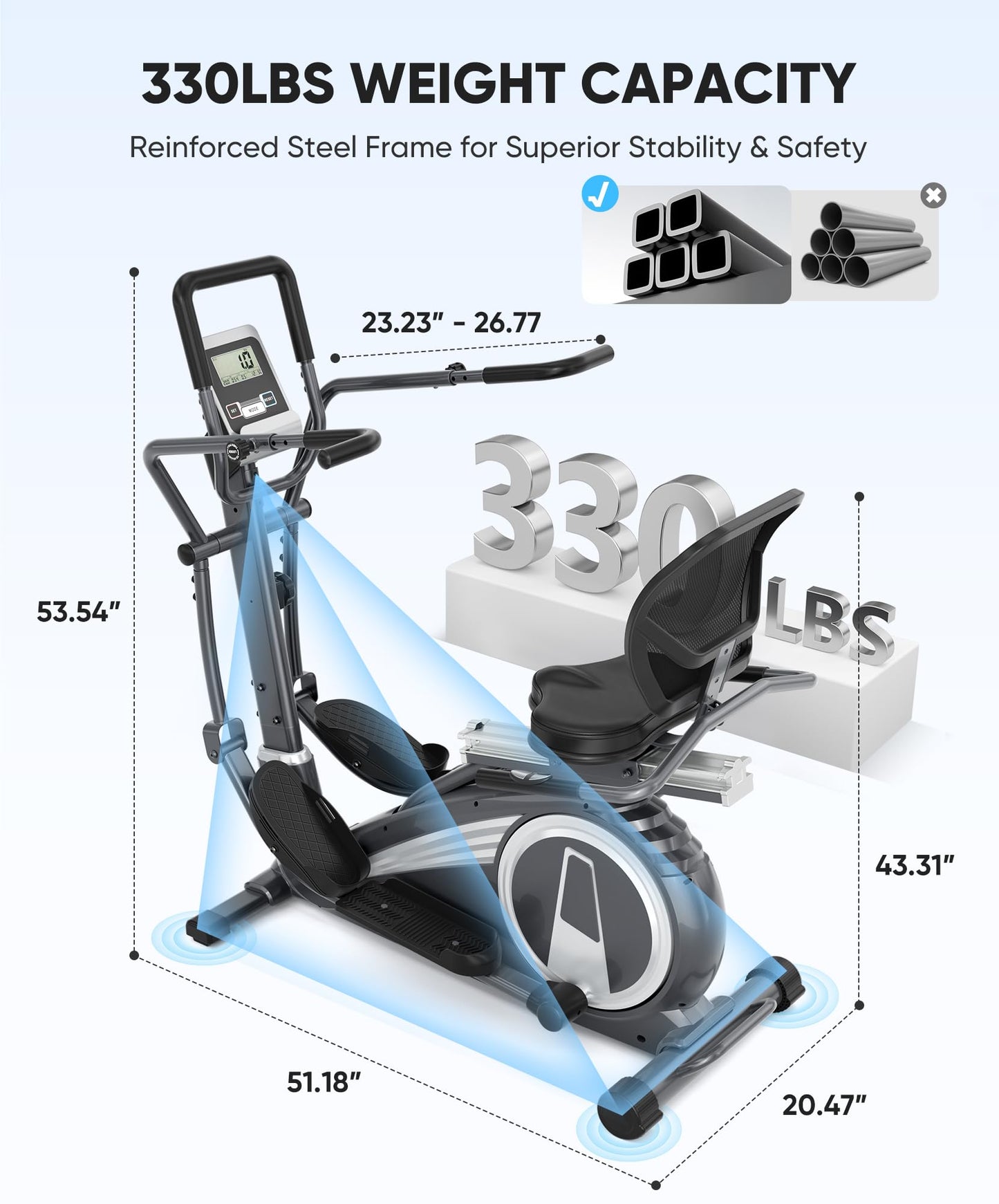 Dripex Recumbent Exercise Bike for Home, 2-in-1 Recumbent Stationary Bikes for Seniors Adults Elliptical Machine for home, 15.8" Stride, Adjustable Seat, Pulse Sensors, Supports 330LBS (Grey)