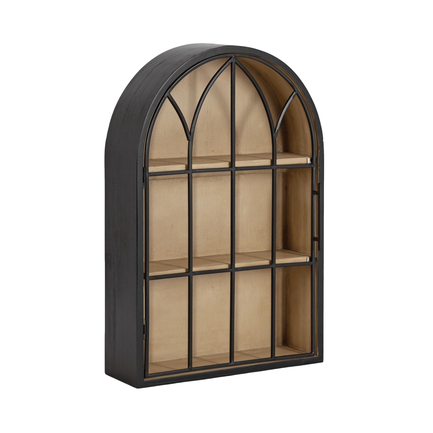 Kate and Laurel Megara Decorative Wooden Hanging Arched Wall Cabinet with Door for Open Storage; 16 x 6 x 24; Black and Natural Wood; Wooden Floating Wall Bathroom Cabinet for Above Toilet Storage