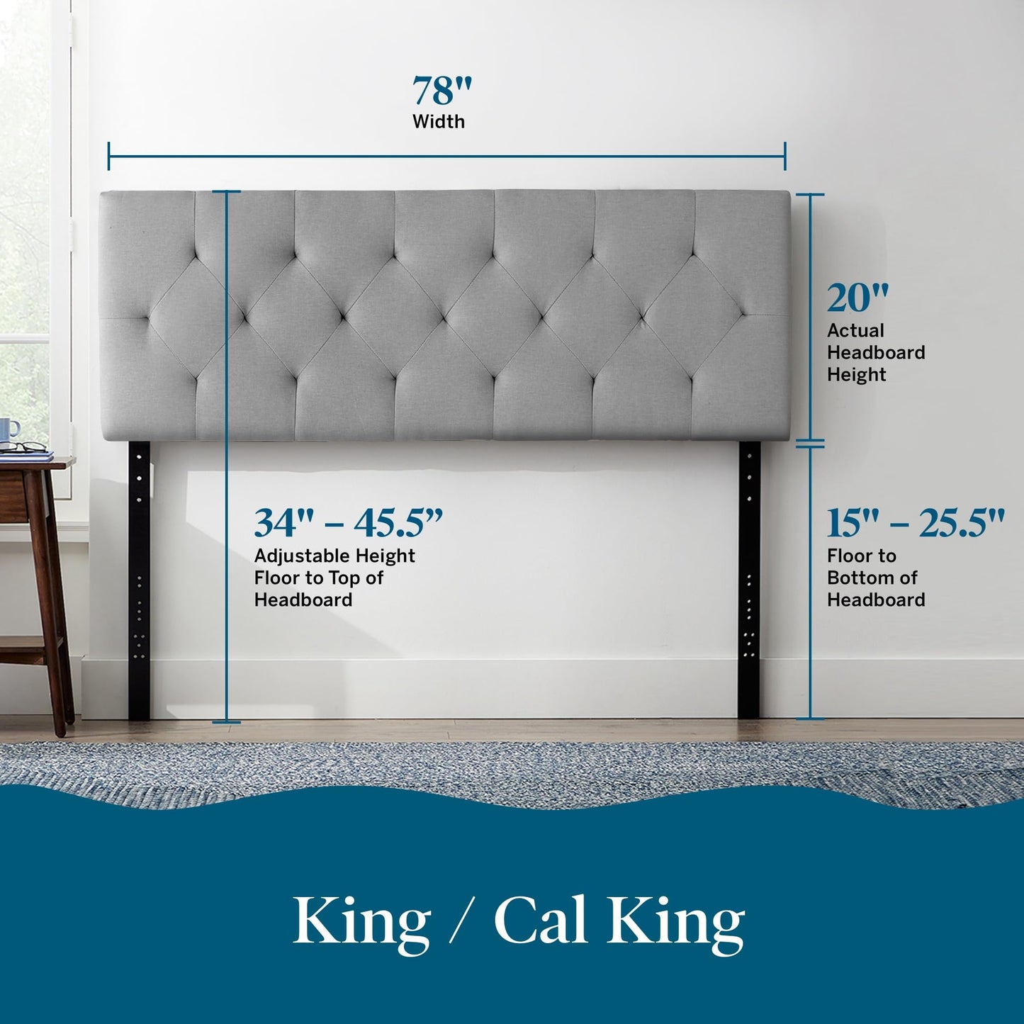 Lucid Mid-Rise Upholstered Headboard - Diamond Tufted - Padded Polyester - Adjustable Height from 34” to 46” - Easy Assembly - Bed Frame or Wall Mount - Sturdy - Stone - King / Cal King Size