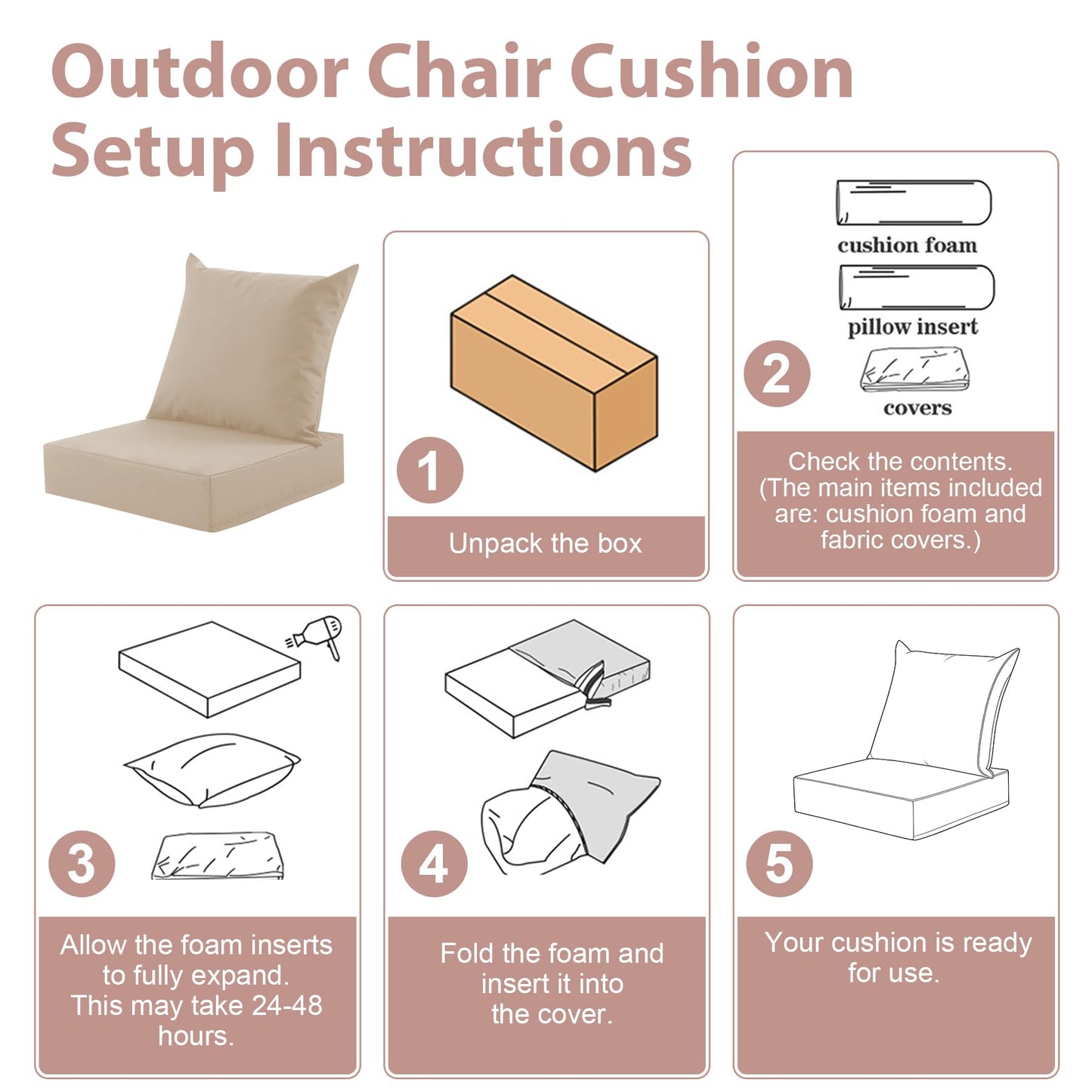 MuaMelop Outdoor Deep Seat Cushion Set, 24x24 Inch Water-Resistant & Fade-Resistant Outdoor Chair Cushions, Patio Furniture Cushions with Removable Cover for Patio Chair, Sofa, Beige (Set of 4)