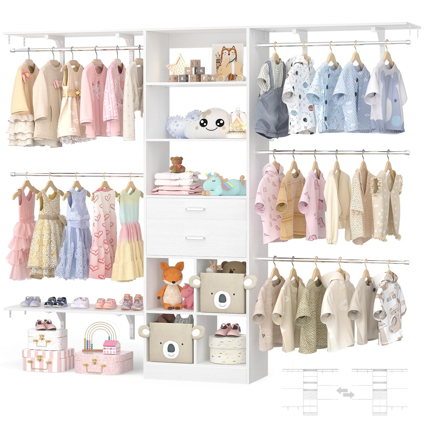 Besiost Closet System - 5-8FT Closet Organizer System with Wooden Drawers & Cube Storage Organizer, Up To 96" Closet Systems for Nursery & Walk-In Closets with Cuttable Hanging Shelving, White