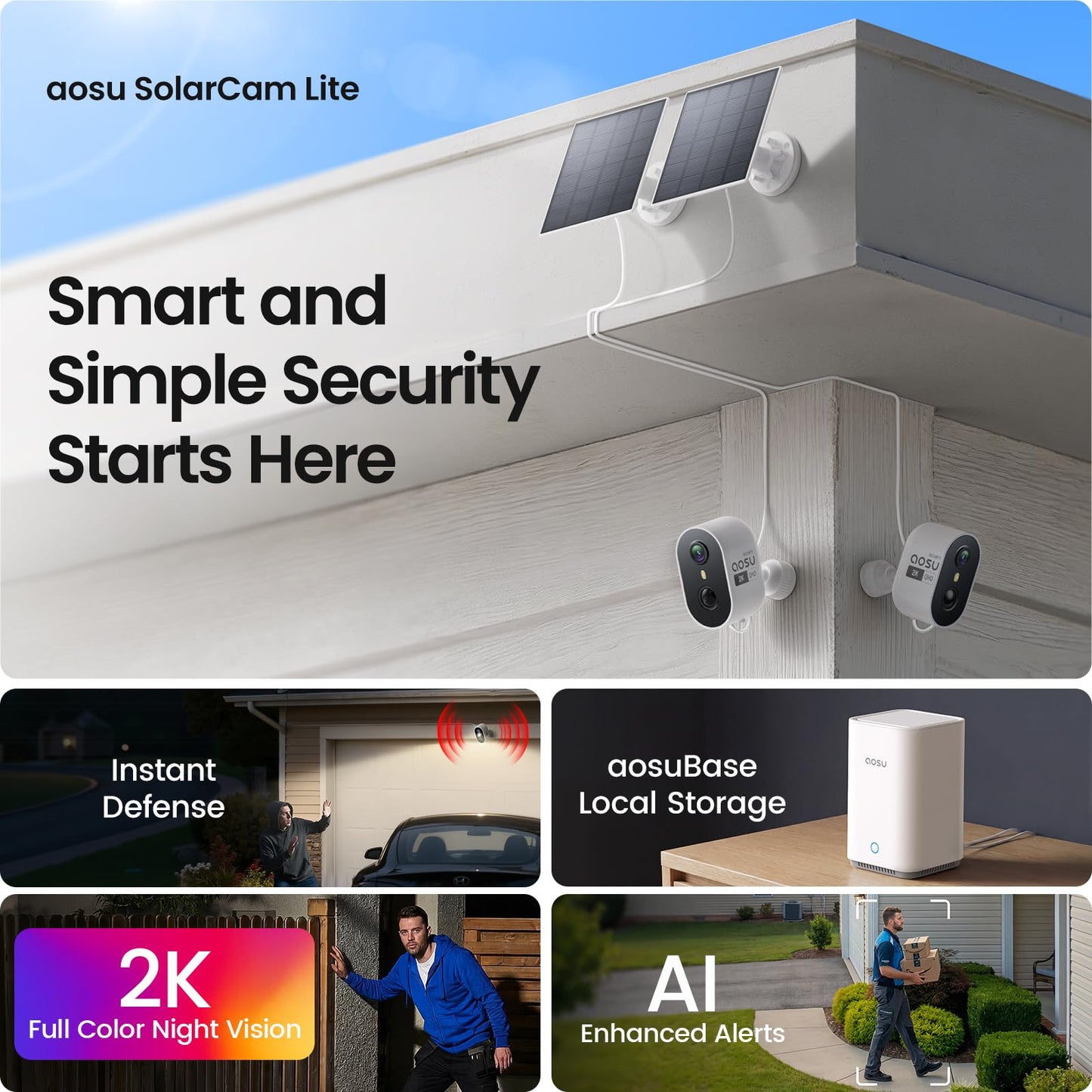 aosu Solar Security Cameras Wireless Outdoor, 2K HD Home Security Camera System, PIR + AI Human Detection, Color Night Vision, Easy to Set Up, Local Storage, No Subscription Required, 6-Cam Kit
