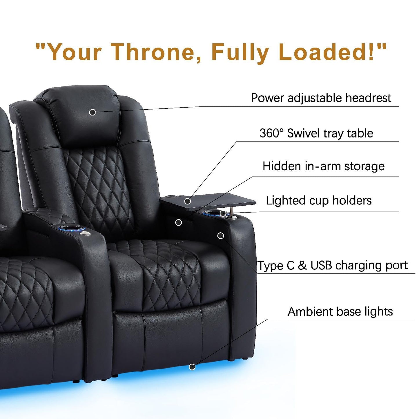 comfiroom Leather Home Theater Seating Classic Series Dual Power Electric Headrest Game Seats Movie Theater Chairs Theater Recliner Sofa with Type-C USB Charger (Black, Row of 3)