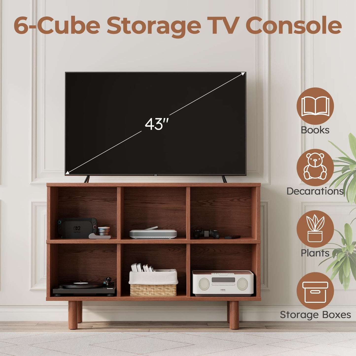 Solid Wood 6 Cube Storage Organizer, Horizontal Bookshelf with Storage, 2 Shelf Bookcase, 6 Cube Shelf, TV Stand Bookshelf, Small Book Shelf for Kids Rooms, Bedroom, Living Room, Offices (47.2 Wide)