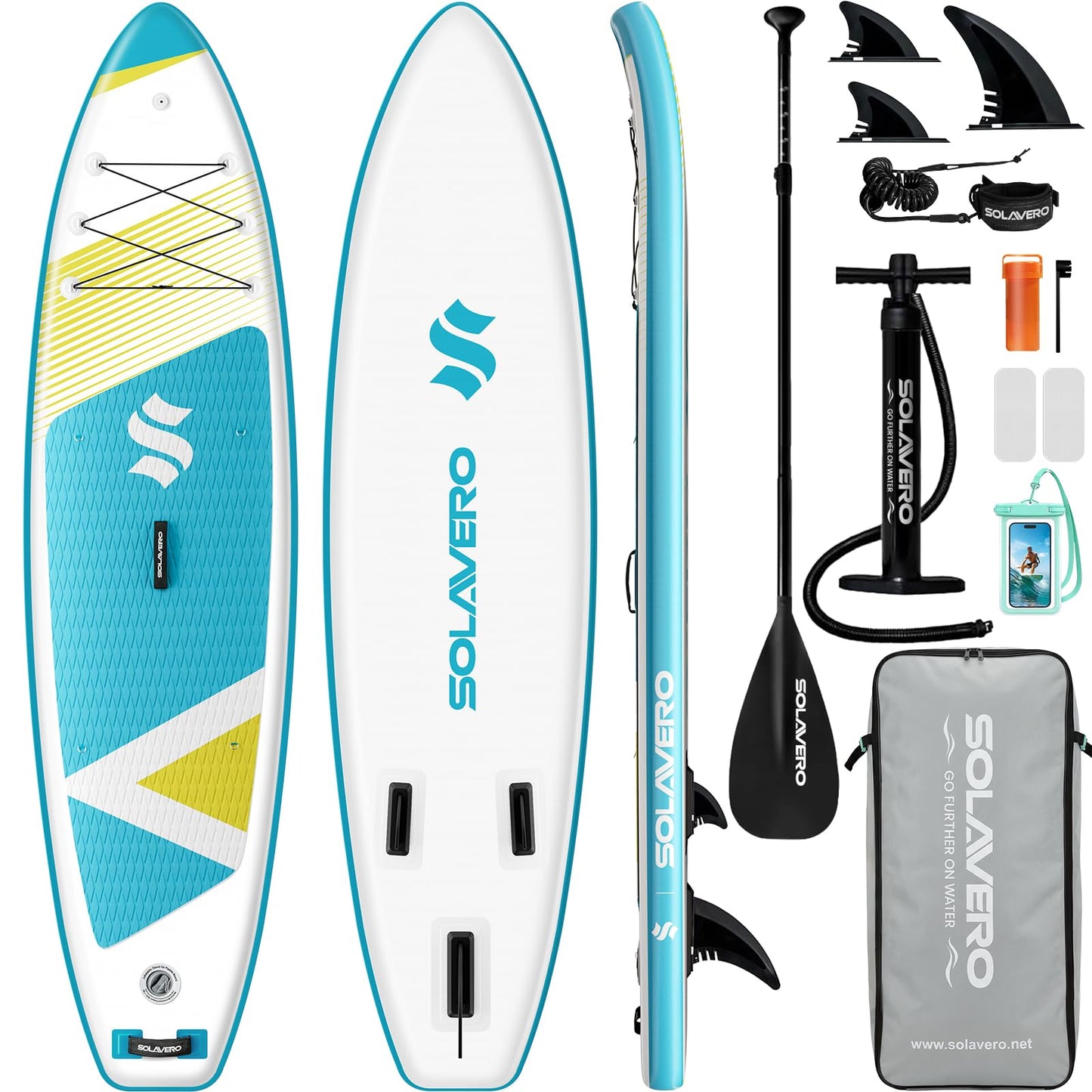 SOLAVERO 11' Inflatable Stand Up Paddle Board with SUP Accessories Kit & Backpack Portable Blow Up Paddleboard with Non-Slip Deck for Sea and Lake, All Skill Levels