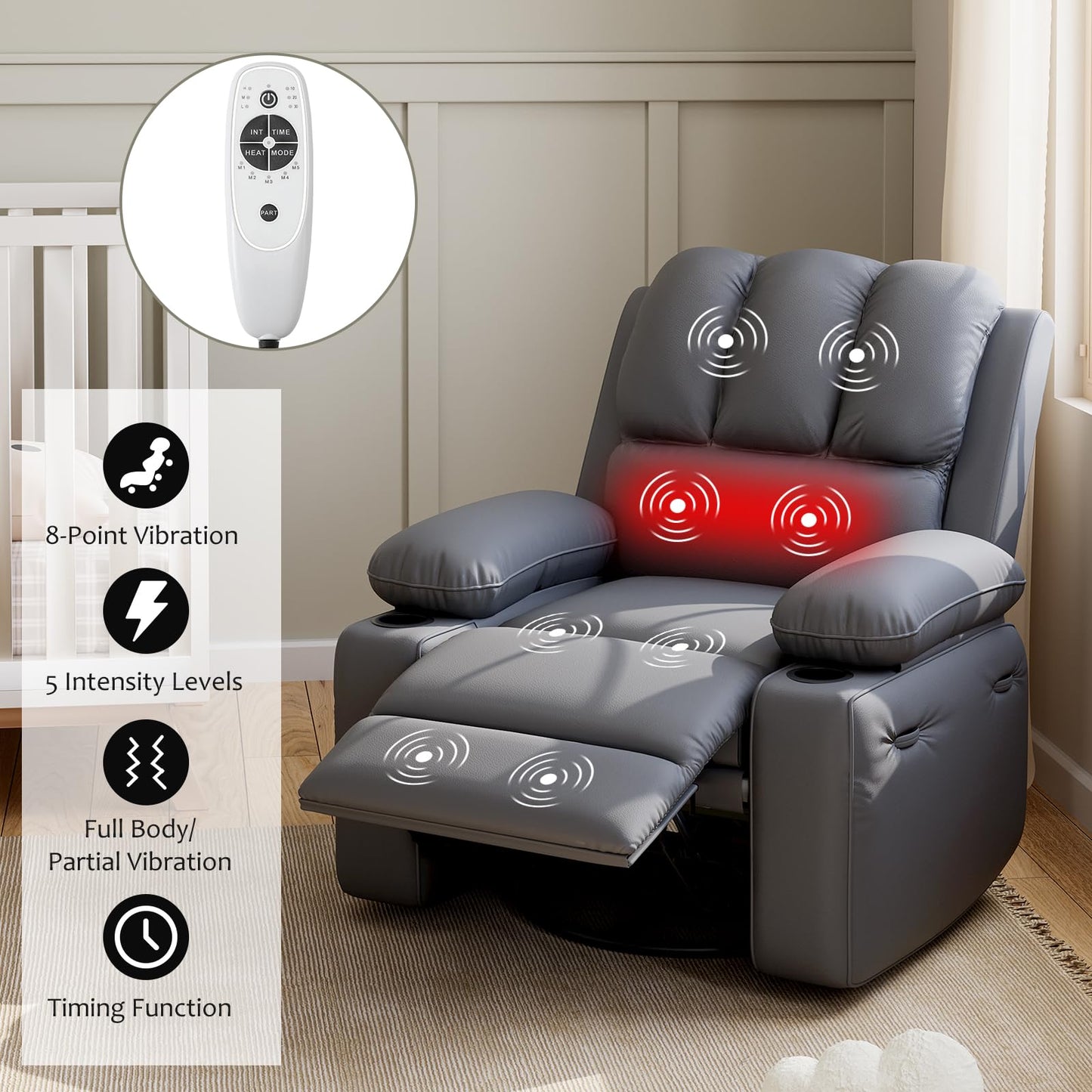 Garvee Oversized Swivel Rocker Recliner Chair - Heat and Massage, Leather Manual Recliner for Adults, Lazy Chair with Cup Holders, Comfort Arms and Back Single Sofa for Living Room