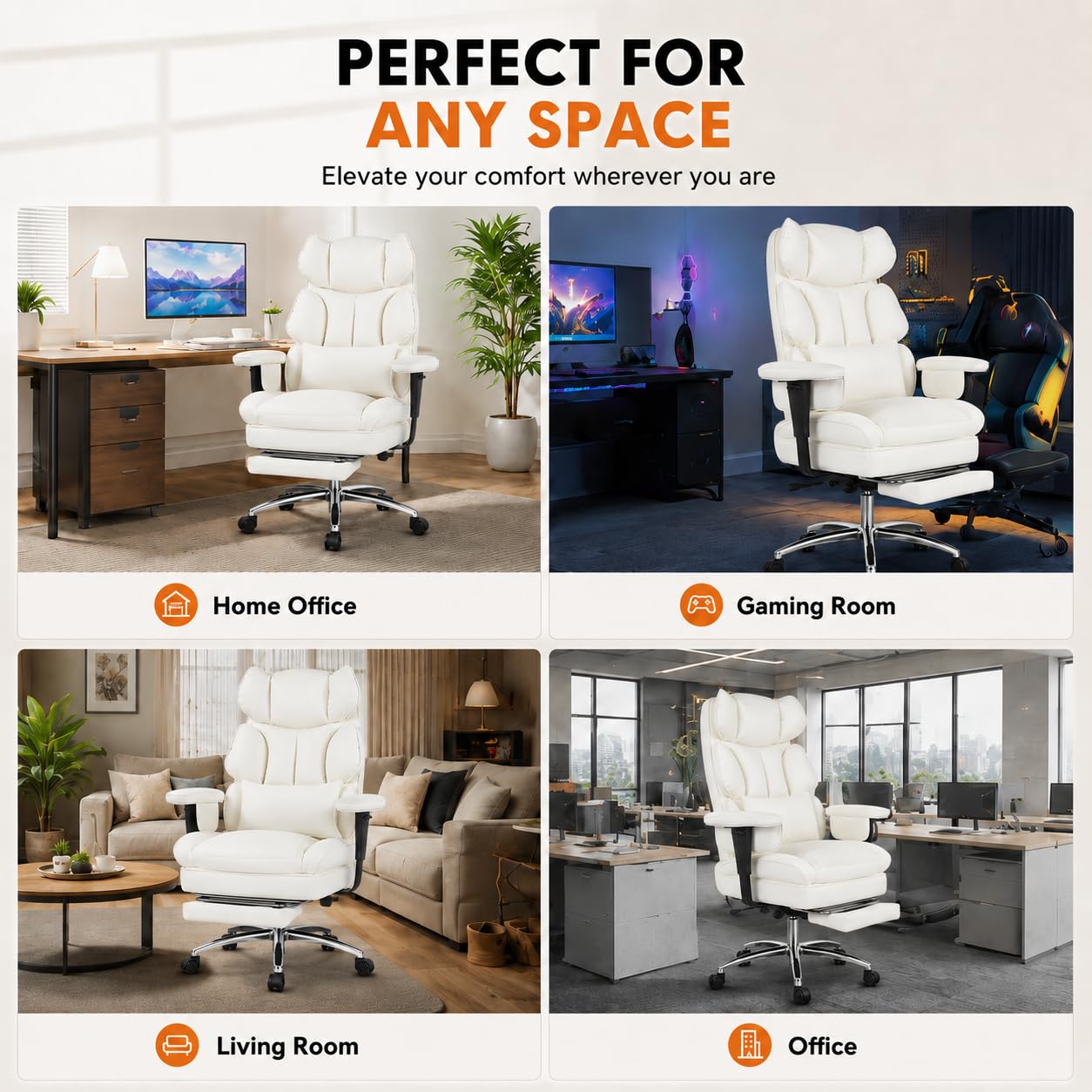 Big and Tall Ergonomic Office Chair with Footrest, Executive High Back PU Leather Desk Chair, Reclining Computer Chair with Adjustable Lumbar Support and Armrests, Swivel Rolling Gaming Chair, Beige