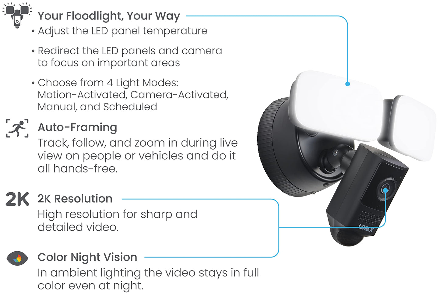 Lorex 2K Wi-Fi Floodlight Security Camera | Black | 32GB MicroSD Card Included | No Monthly Fee | Color Night Vision | Motion Detection | 2-Way Talk | Siren | IP65 Weatherproof | Adjustable LEDs