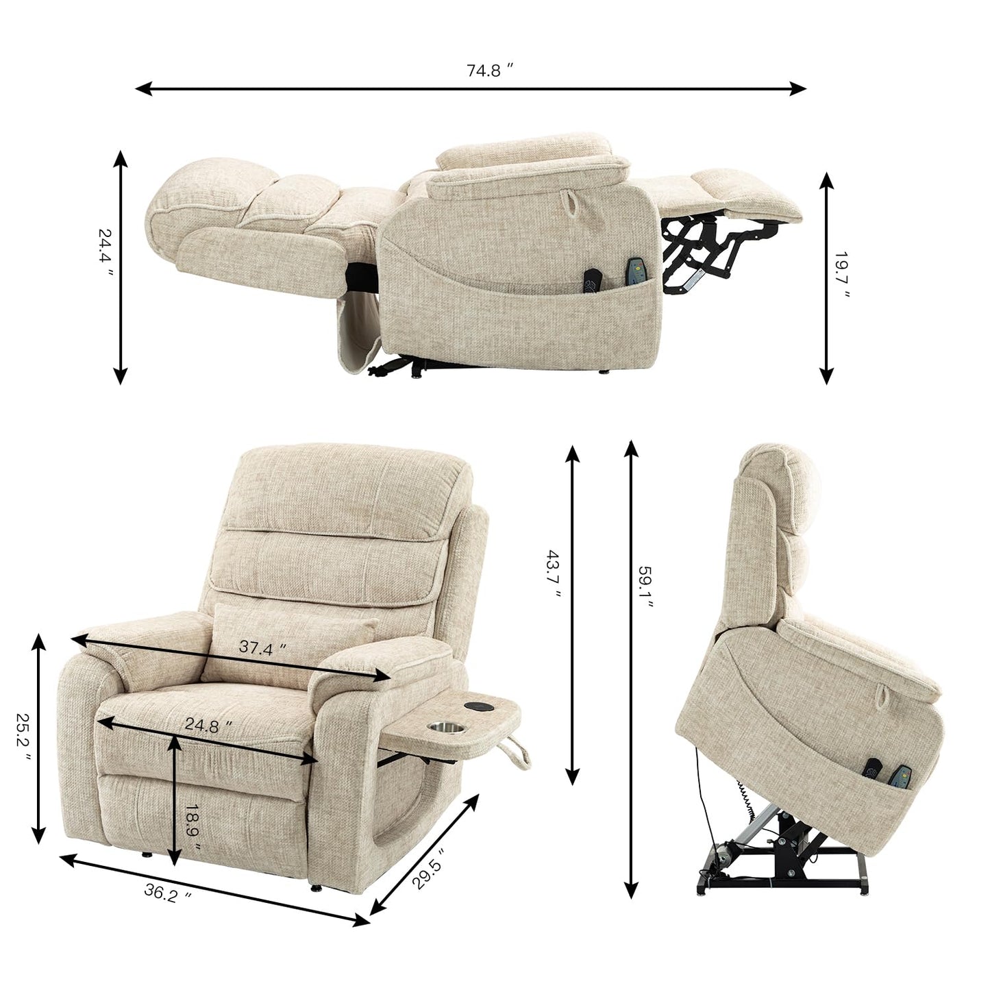 GDFStudio Oversized Power Lift Recliner Chair with Heat Massage Wireless Charging 180 Degree Lay Flat Electric Reclining Sofa with Cup Holder for Living Room Bedroom, Cream