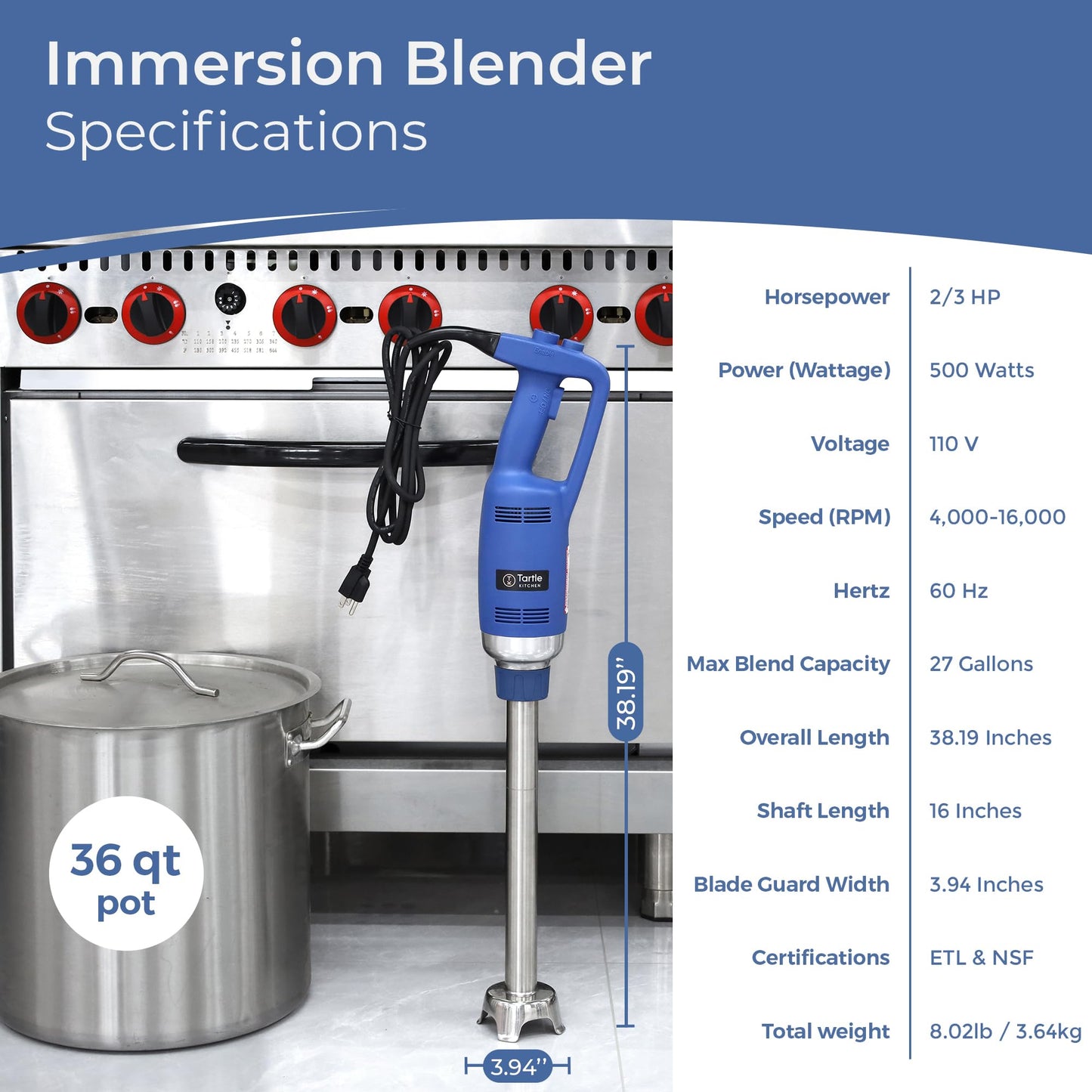 TK Commercial Immersion Blender, 500 Watt/.5 HP Variable Speed Motor, 16,000 RPM Heavy Duty with Performance Assurance - 16"