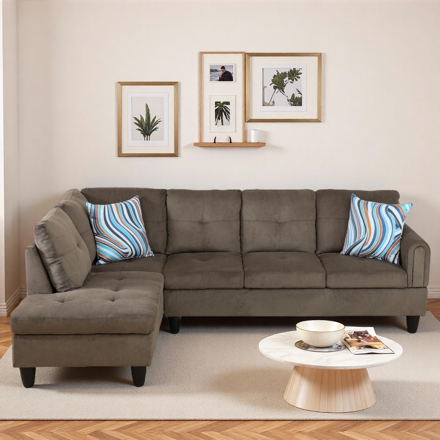 Trygoal Modern L-Shaped Sectional Sofa with Chaise Lounge, 4-Seater Velvet Couch with High-Density Foam Cushions, for Living Room, Apartment, Studio, Easy Assembly, Brown
