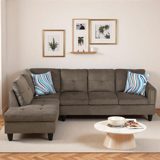 Trygoal Modern L-Shaped Sectional Sofa with Chaise Lounge, 4-Seater Velvet Couch with High-Density Foam Cushions, for Living Room, Apartment, Studio, Easy Assembly, Brown