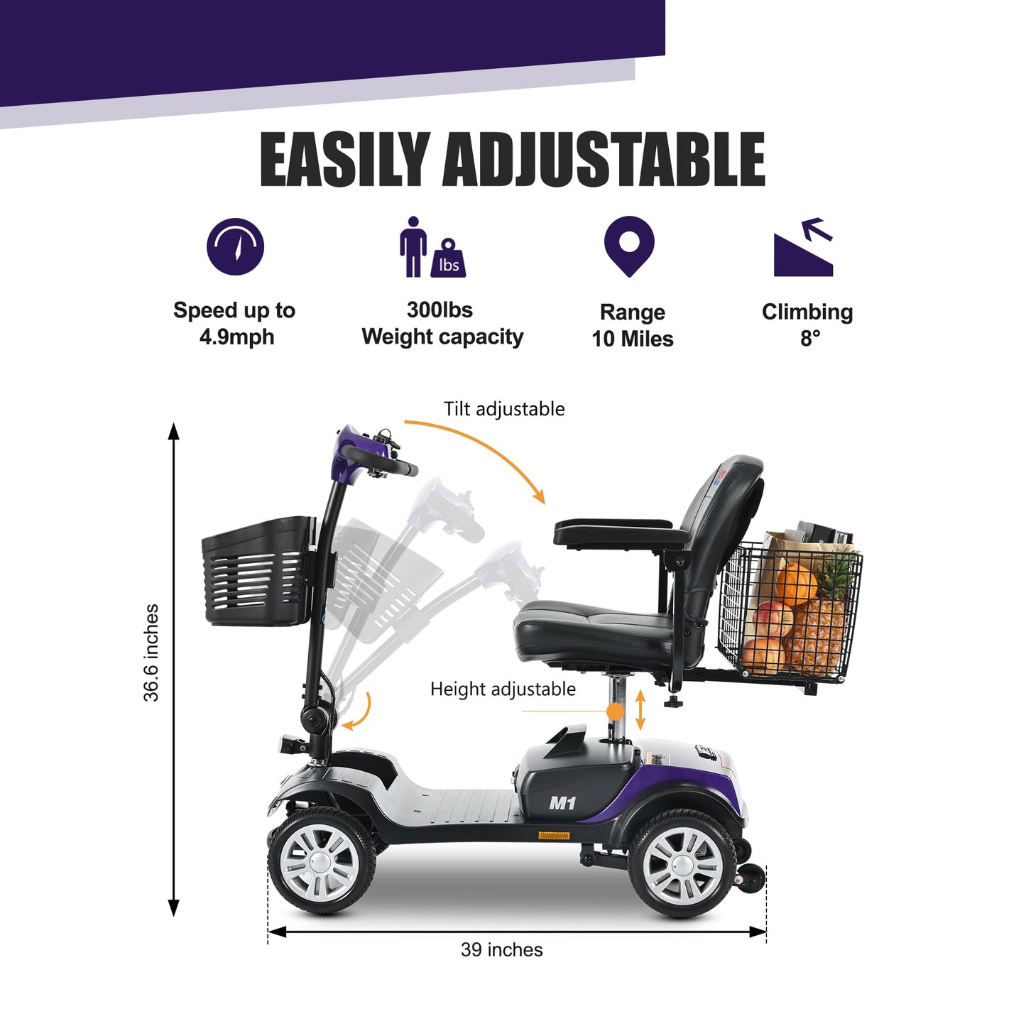KEIKI 4 Wheel Mobility Scooter Folding Travel Mobility Scooter for Adults, Battery Powered Electric Mobility Scooter w/Baskets, Storage Box, LED Lights, 10 Miles Range & 300Ibs Capacity, Dark Purple