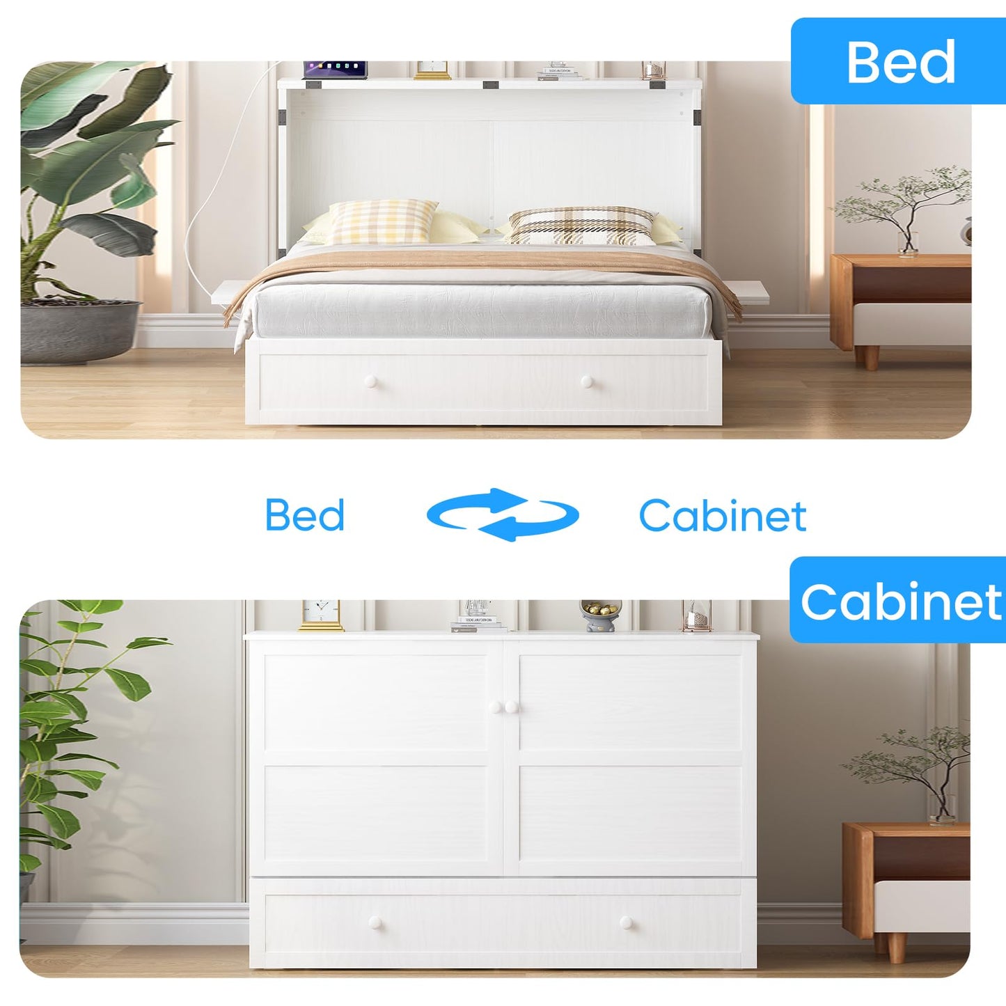 PUREMIND Queen Murphy Bed Cabinet, Murphy Bed with Mattress Included, Storage Drawer and Bedside Panel, Built-in Charging Station, Solid Wood Space-Saving Wallbed Hideaway Beds for Guest Room