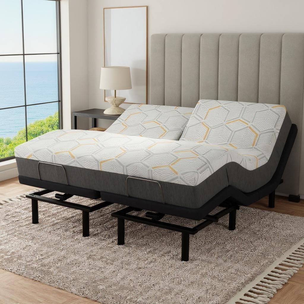 Bevery Hills Bed Adjustable Base with 12" Mattresses. Massage, USB Ports, LED Lighting, Modern Style, Wireless Remote Control (Split Top King)