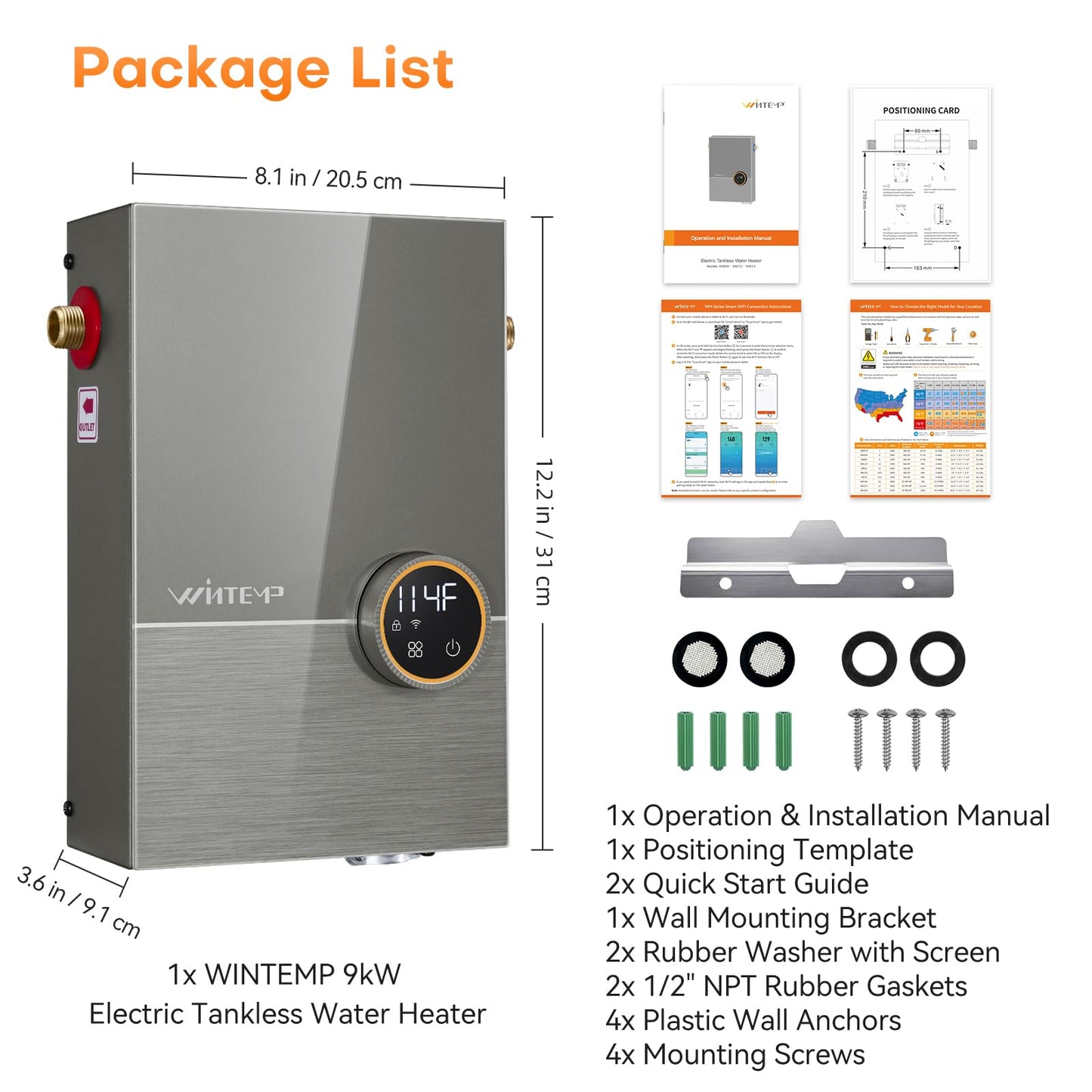 Wintemp Tankless Water Heater Electric 9kW, 240 Volt On Demand Instant Hot Water Heater, Within 1℉ Stable Temp, Up to 2.2 GPM, WiFi Control, ETL Certified, Eco, WM09