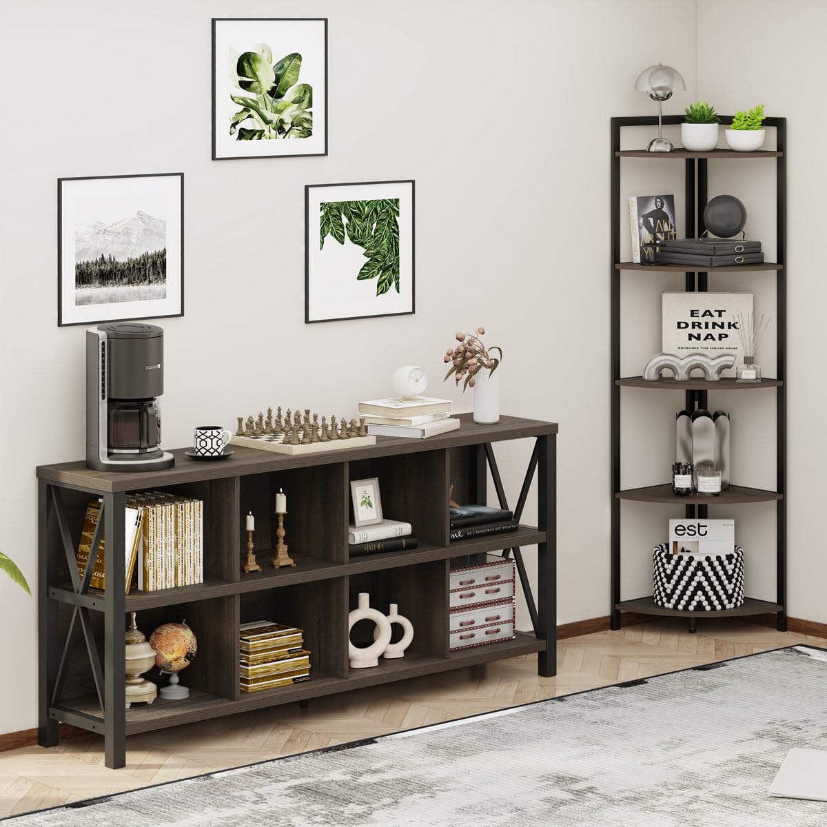 FATORRI 8 Cube Storage Organizer Bookshelf, 62 Inch Rustic Wood Horizontal Bookcase, Industrial Cube Long Book Shelf for Living Room, Home Office (Walnut Brown)