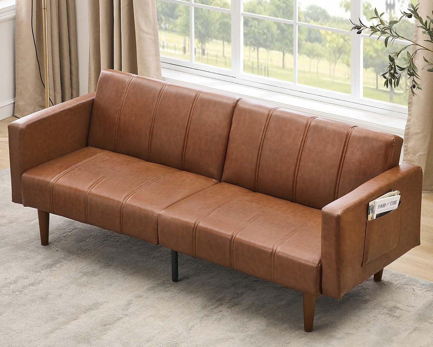 GOCAPTAIN 75" Convertible Futon Sofa Bed, Mid-Century Modern PU Leather Couch with Adjustable Backrest, Sleeper Loveseat with Side Pockets, Easy Assembly for Living Room & Guest Room (Brown)
