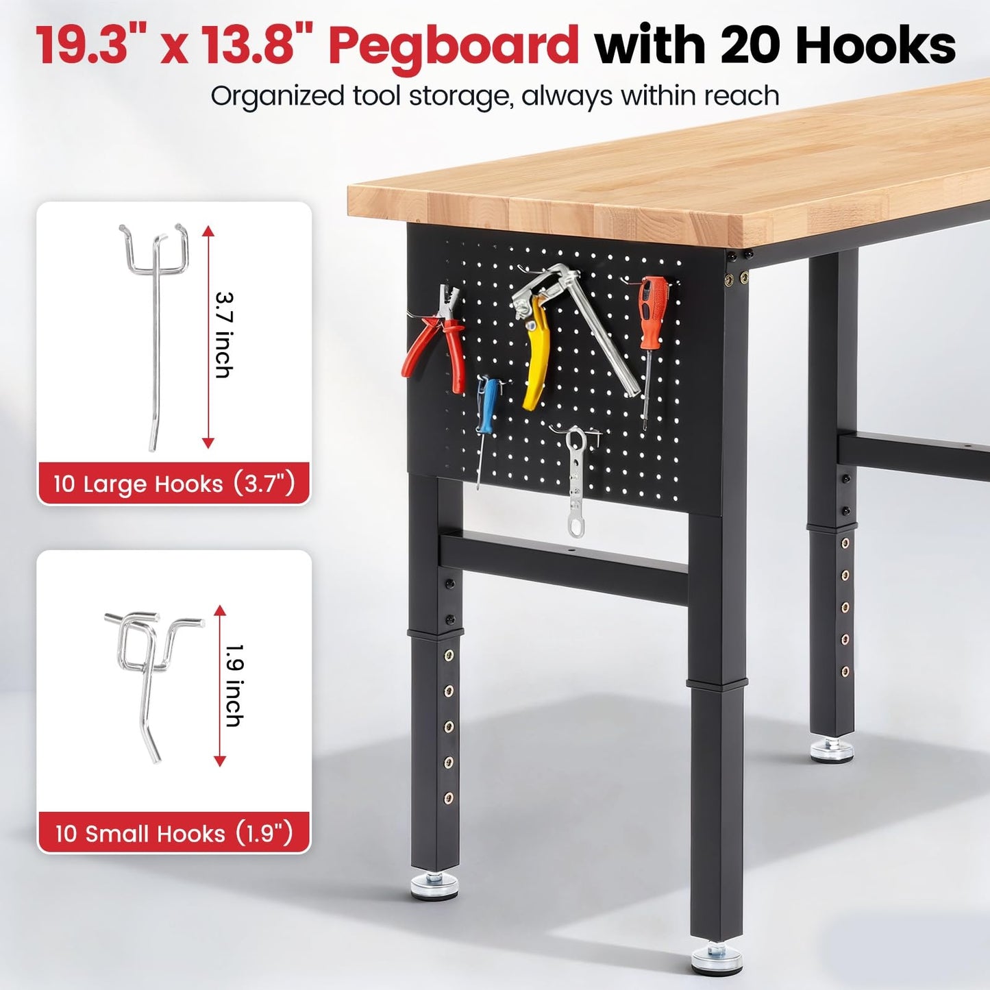 ENJOYWOOD Workbench 84 Inch Heavy Duty Rubber Wood Top Work Bench Adjustable Height Work Table 5000 Lbs Load Capacity with Power Outlets & Extended Pegboard for Garage, Home, Office