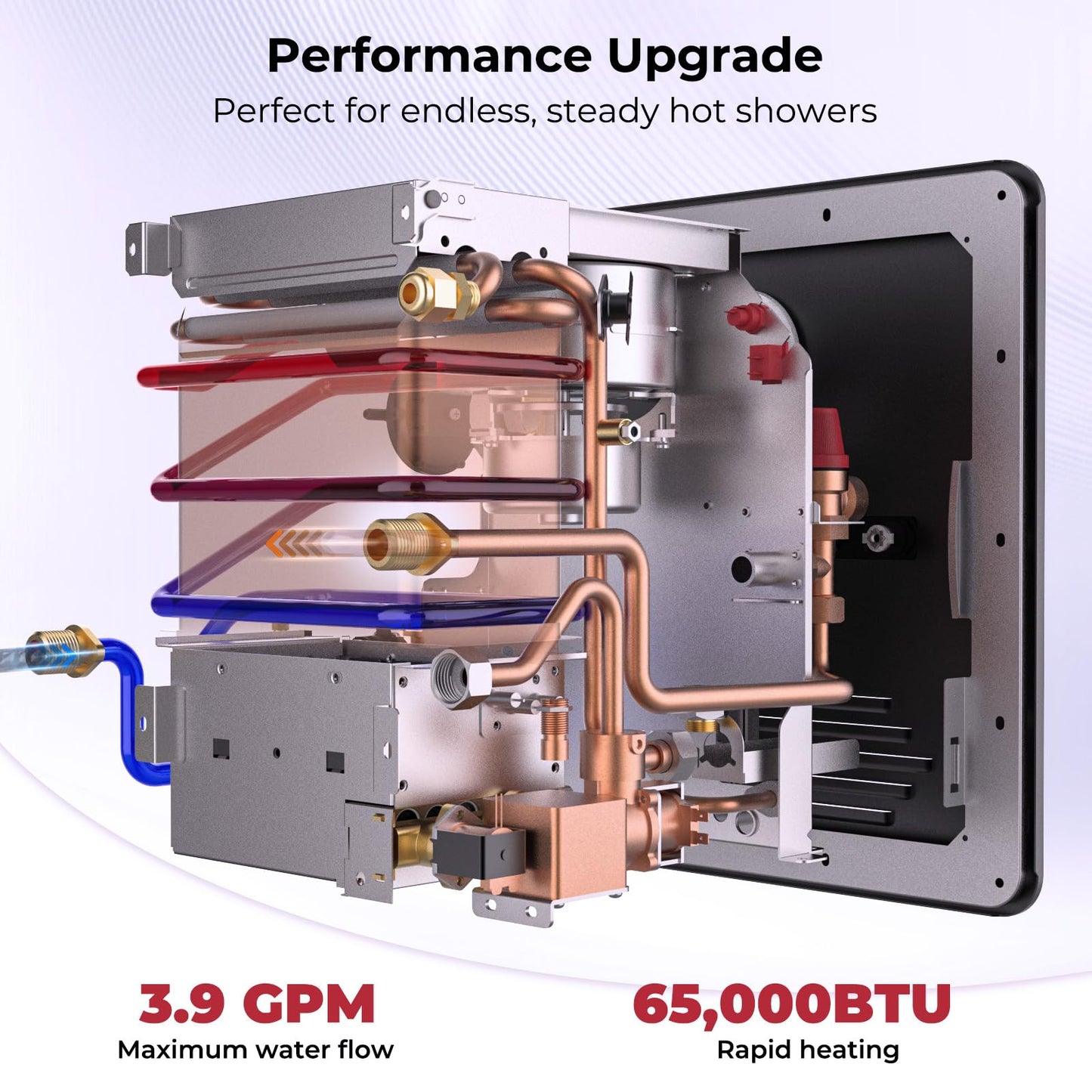 CAMPLUX RV Tankless Water Heater, 65,000 BTU Hot Water Heater with Mixing Tank, 2.64GPM Black RV Water Heater with Door and Remote Controller, High Altitude Performance,CSA Certified
