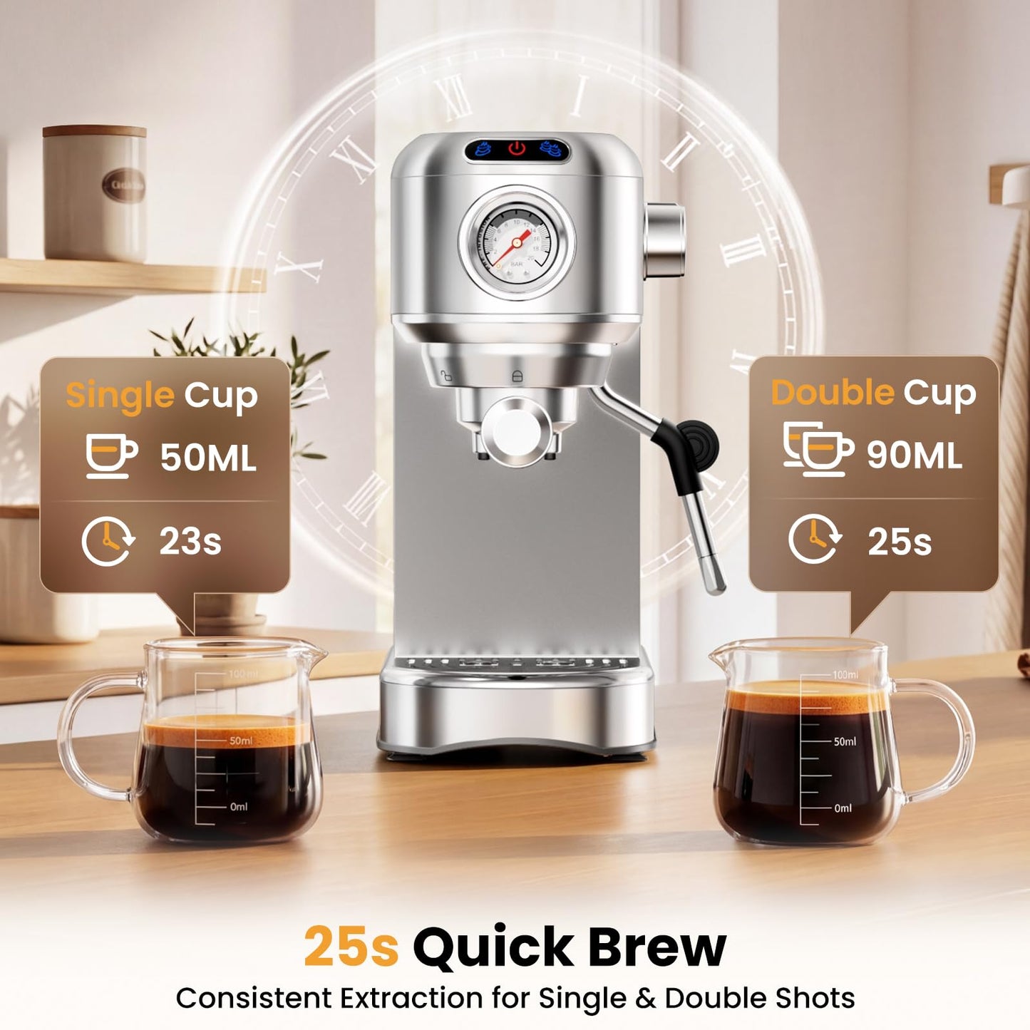 Espresso Machine 20 Bar, Compact Espresso Coffee Machine with Milk Frother, Stainless Steel Coffee Maker with 34oz Removable Water Tank, Cappuccino Machine for Home, Office, Fathers Day Dad Gifts