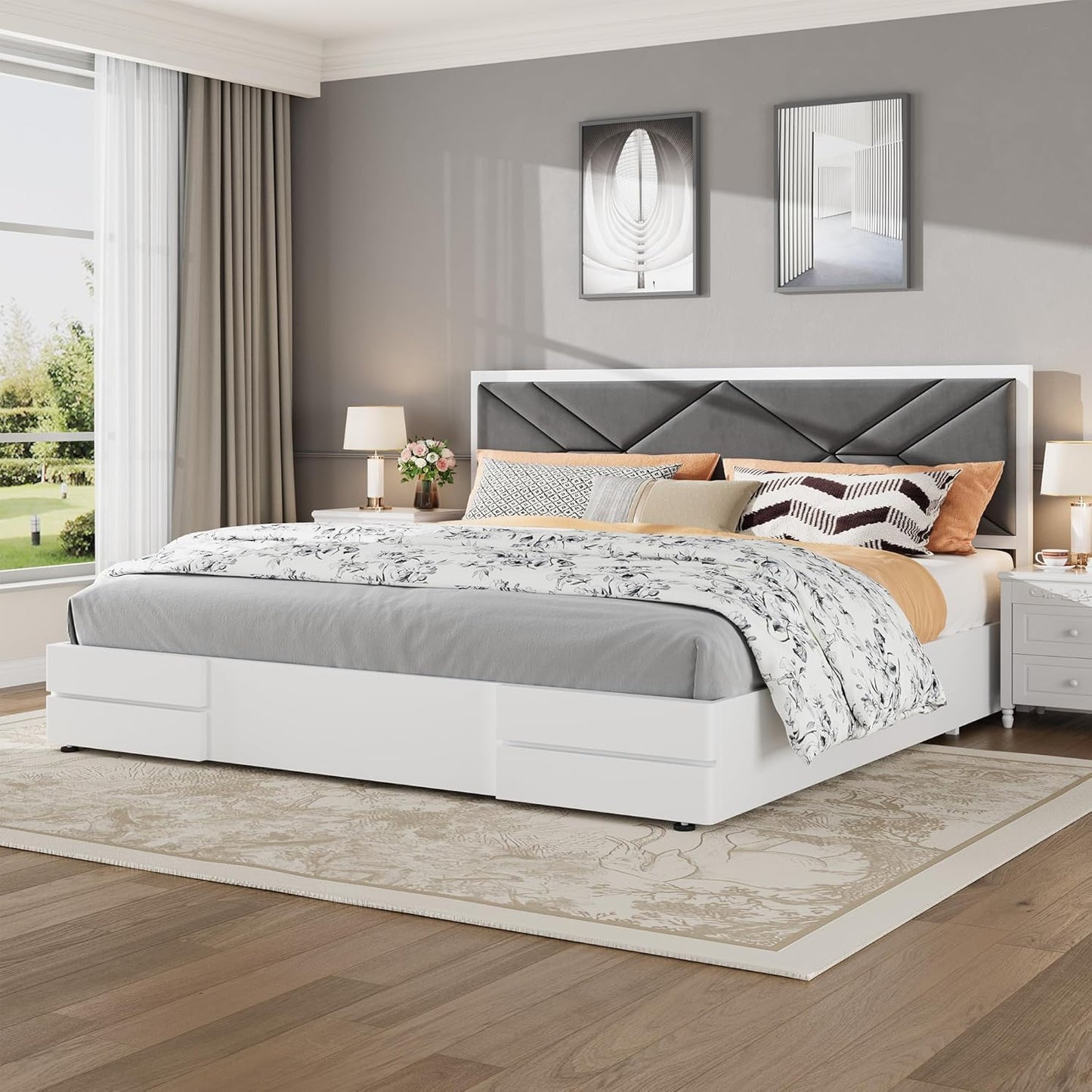 Garvee Full Size Upholstered Bed Frame, Tufted Design Soft Headboard, Wooden Slat Support, Mattress Foundation No Box Spring Needed, Stable & Quiet Full Bed Frame for Bedroom, Easy Assembly, White