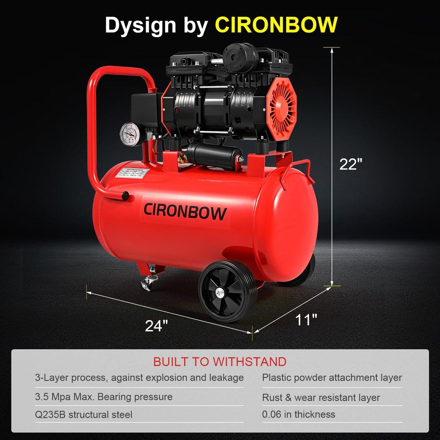 CIRONBOW 8 Gallon Ultra Quiet Air Compressor 70dB,1.8HP Oil Free 116 PSI, 2.47 CFM @ 90 PSI, Heavy Duty Portable with Wheels for Garage, Workshop, Nail Gun, Woodworking, Spray Painting, Tire Inflation