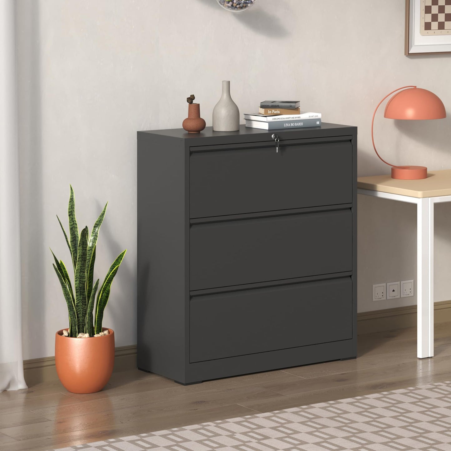 KEIKI 3 Drawer Lateral File Cabinet with Lock, 40.4" Heavy-Duty Metal Filing Cabinet, Wide Storage for Letter/Legal/A4/F4, Silent Full-Extension Slides, Anti-Tilt Safety for Home Office, Black