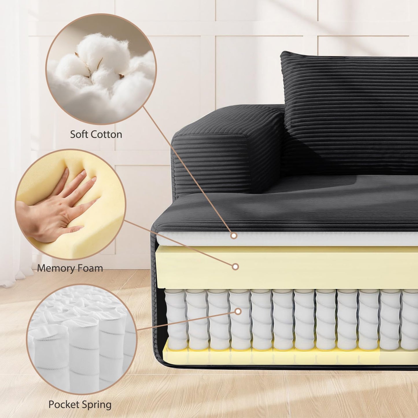 Yafylly 96.9 Inch Boneless L-Shaped Sectional Sofa, No Assembly Compressed Modular Couch with Memory Foam Deep Seat, Throw Pillow & Side Pockets for Living Room, Bedroom, Apartment, Black Left