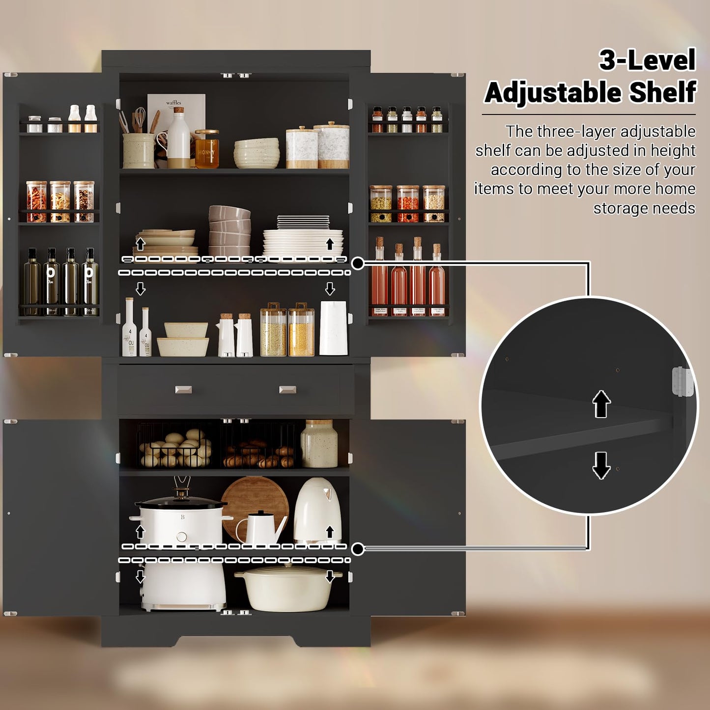 72" Kitchen Pantry Cabinet, Kitchen Pantry with 6 Door Shelves, 2 Cabinets and 1 Drawer, Tall Storage Cabinet for Living Room, Dining Room, Black