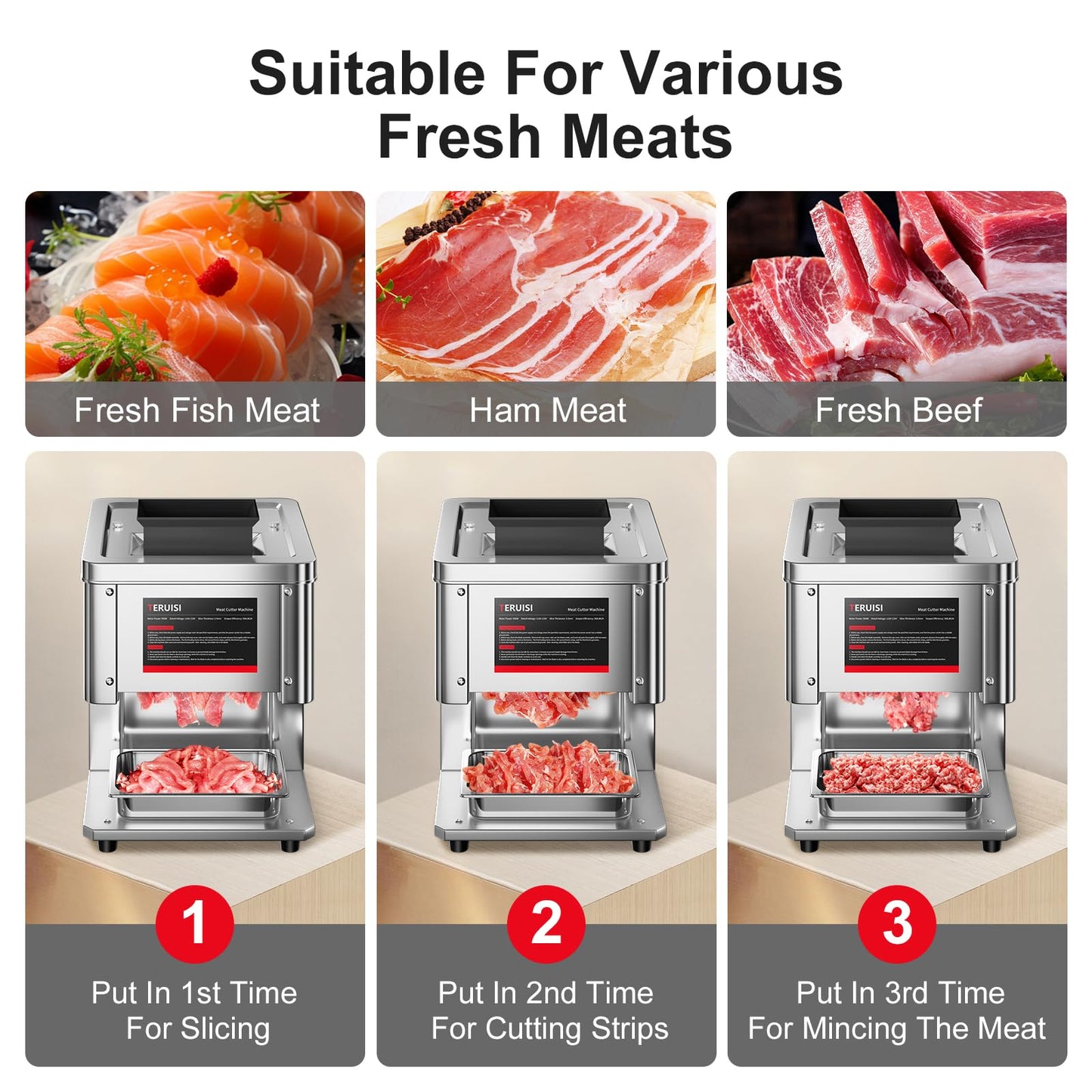 TERUISI Meat Cutter Machine, 950W Electric Slicer Cutting Machine with 450LBS/H Slicing Output, 3.5mm Commercial Meat Slicer with Removable Blade for Boneless Pork Chicken Soft Vegetables, TDK Model