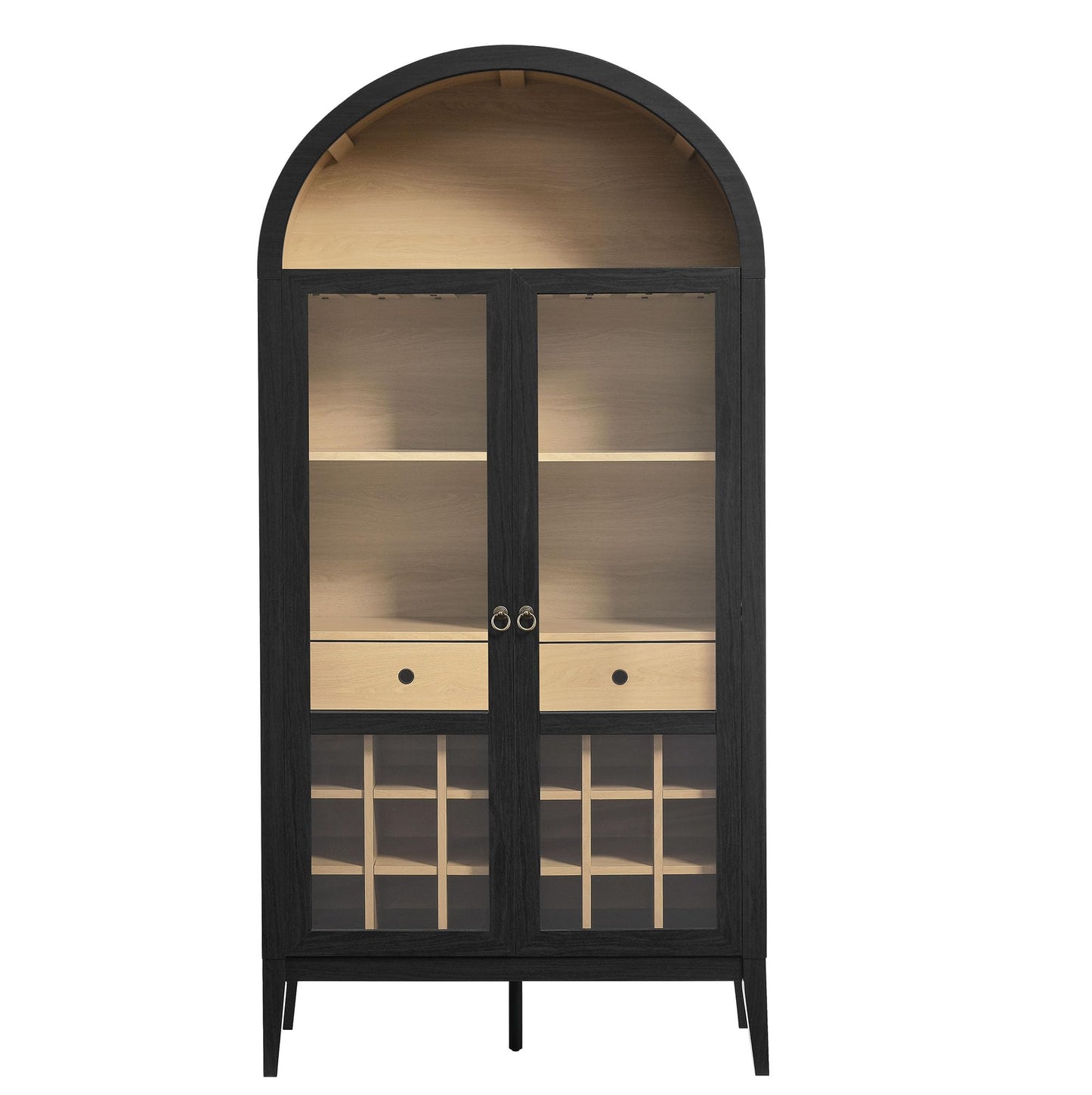 Modway Nolan Modern Farmhouse Arched Bar Cabinet in Black Wood Grain - 72 Inch Tall Wine Storage Cabinet with Glass Doors and Wine Rack - Large Liquor Cabinet for Dining or Living Room