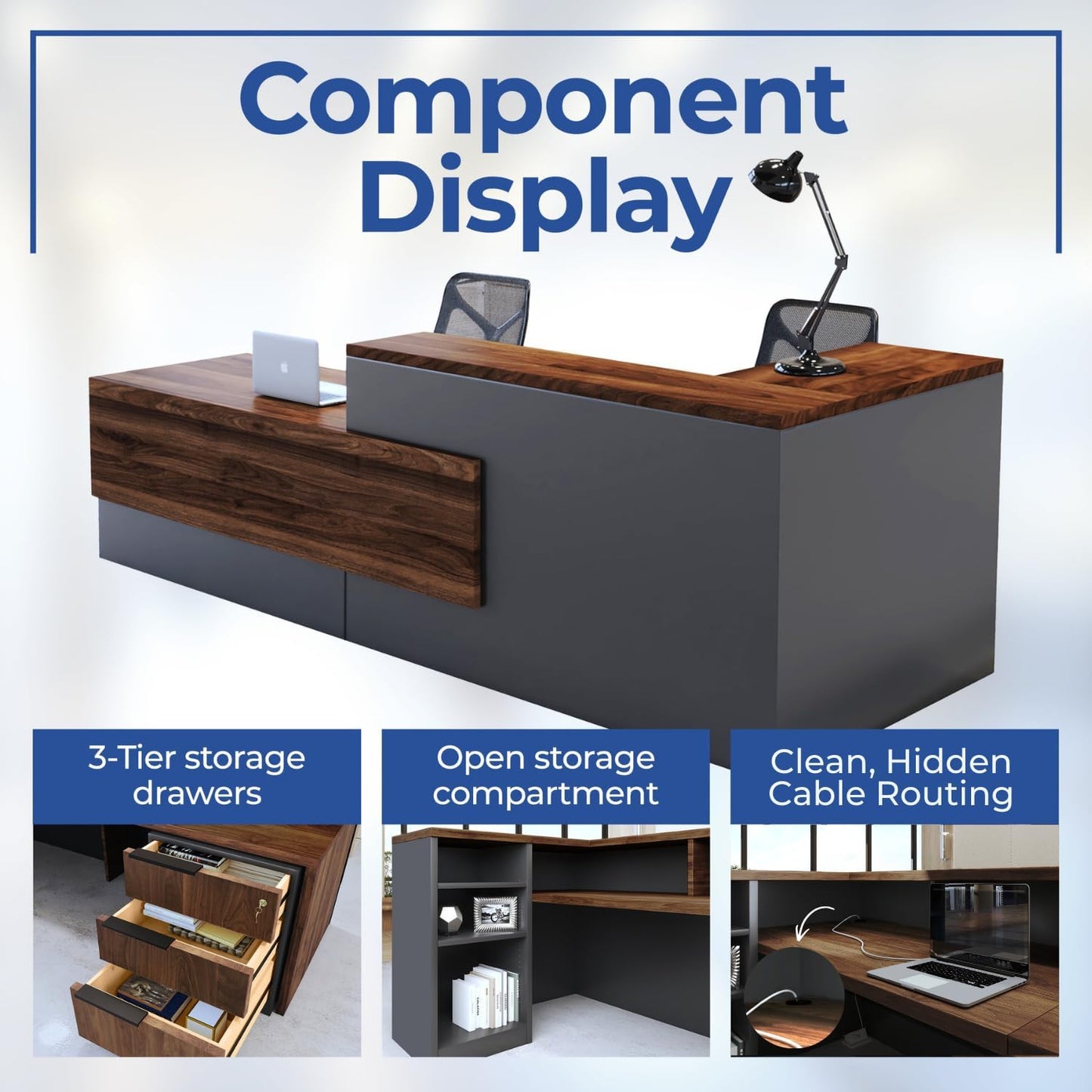 OfficeSimpli L Shaped Reception Desk, 78.5 x 40.5 x 42 Inch, Made in USA, Lockable Drawers and Shelf Storage, Front Desk for Office Lobby, Ships Mostly Assembled