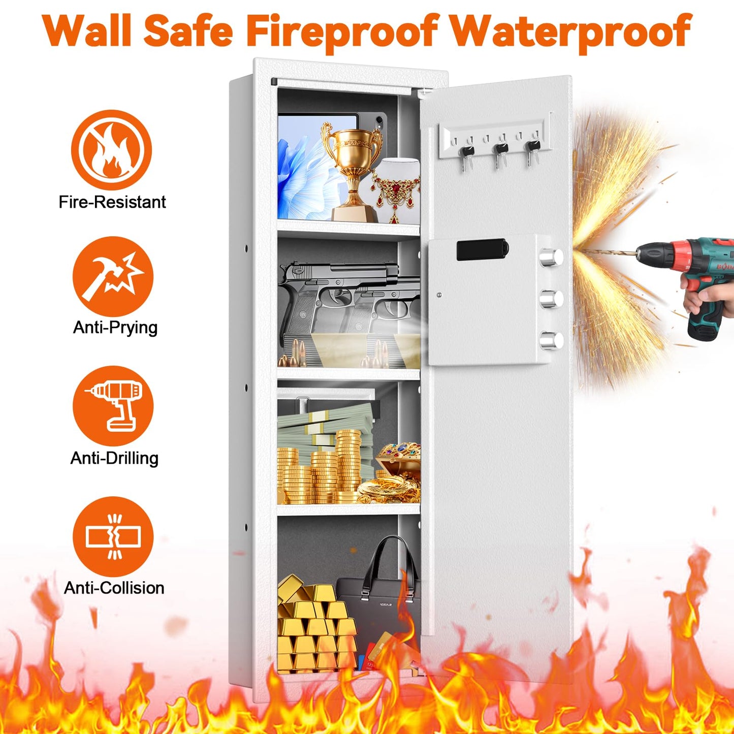 Heavy Duty Fireproof Wall Safes Between the Studs, Extra Large Fire Security Wall Safe with Digital Keypad lock and 3 Removable Shelf, Wall Rifle Safe Fireproof for Home, Gun, Cash, Documents, Jewelry