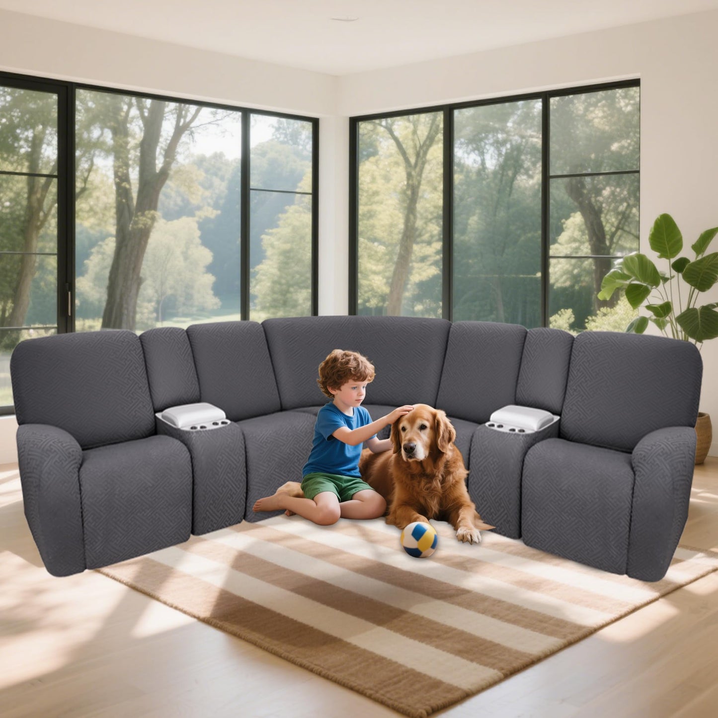 ROFASVCO 100% Waterproof Sectional Recliner Couch Covers for Reclining Couch L Shaped Corner Sectional Sofa Cover Jacquard Stretch L Shape Recliner Slipcovers (5 Seater 2 Console Cover, Deep Grey)
