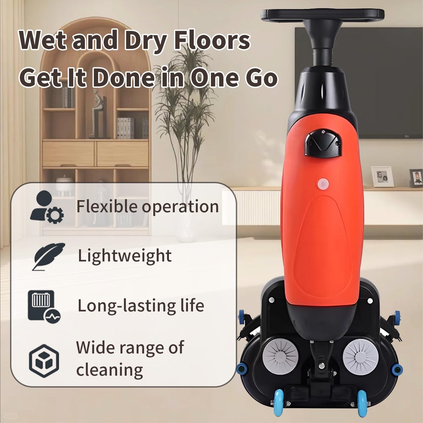 LADECNERHT Battery Powered Walk Behind Mini Automatic Floor Scrubber Machine, 17” Cleaning Width, 90 Minute Runtime, 240 RPM, for Small Commercial Spaces, Offices, Retail & More