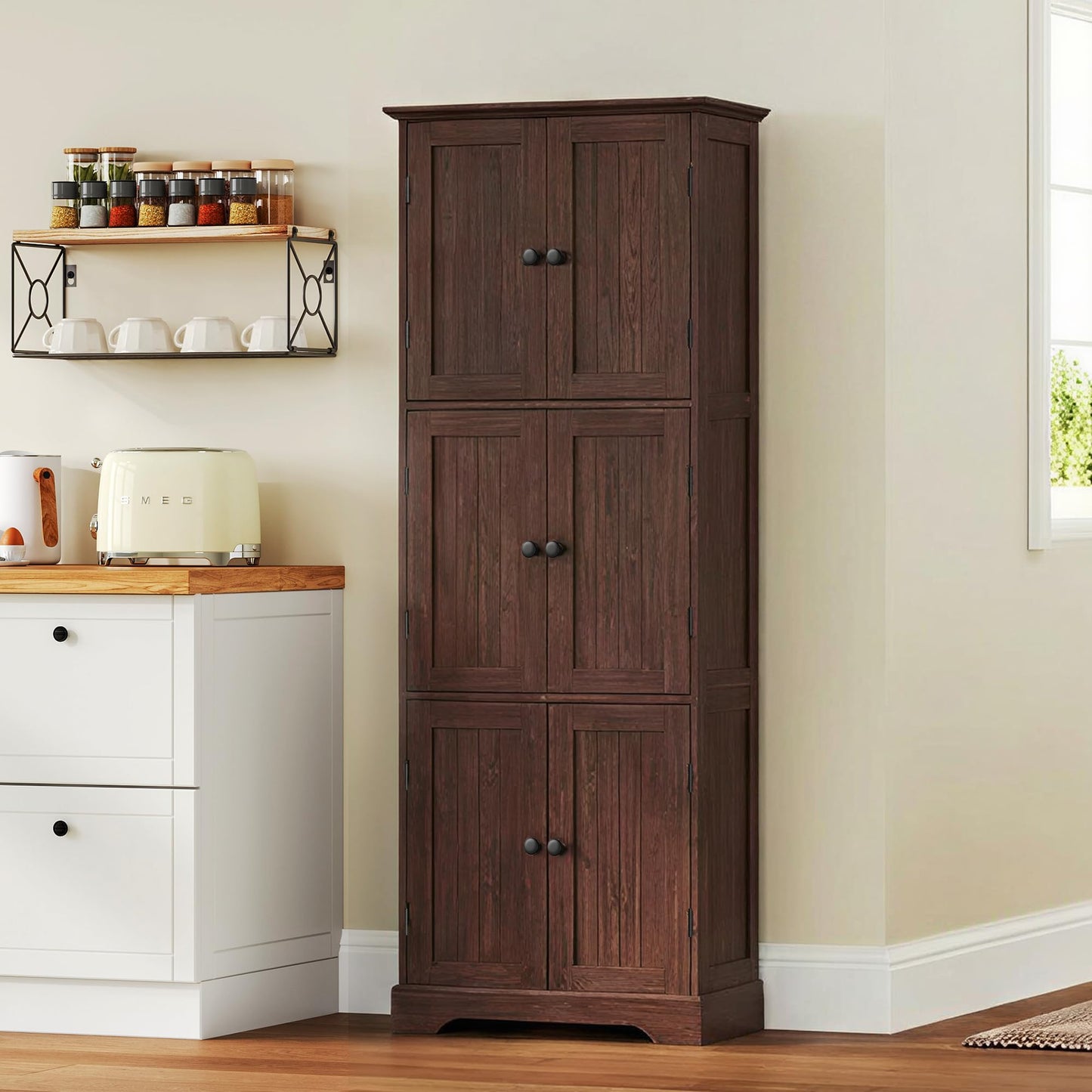 ChooChoo Tall Bathroom Storage Cabinet with 6 Doors, Freestanding Floor Cabinet with Adjustable Shelves, Rustic Walnut Pantry Cabinet for Bathroom, Kitchen, Laundry Room