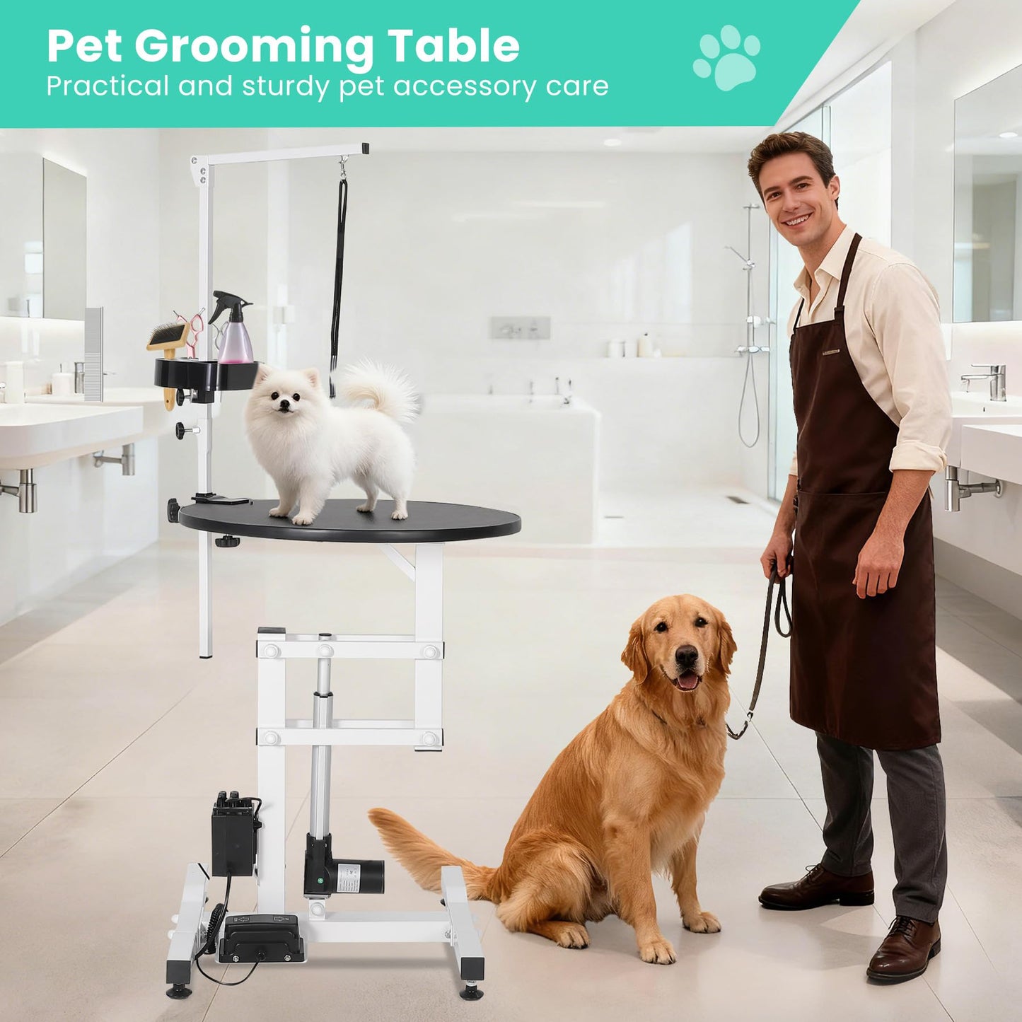 24 Inch Electric Dog Grooming Table, Rotating Grooming Desktop for Small Pet, with Overhead Arm, Foot Remote, Tool Organizer, Capacity 250LBS