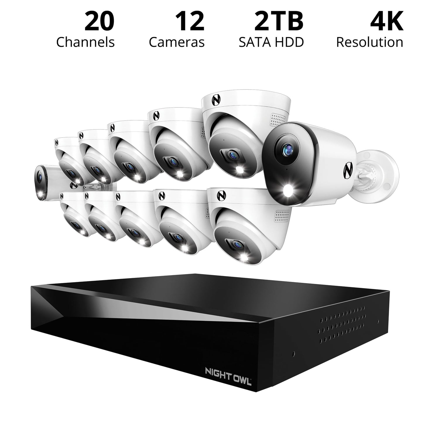 Night Owl 2-Way Audio 20 Channel DVR Video Home Security Camera System with 12 (2 Bullet 10 Dome) Wired 4K HD Indoor/Outdoor Deterrence Cameras and 2TB Hard Drive (2 Bullet/10 Dome - 20 Channel)