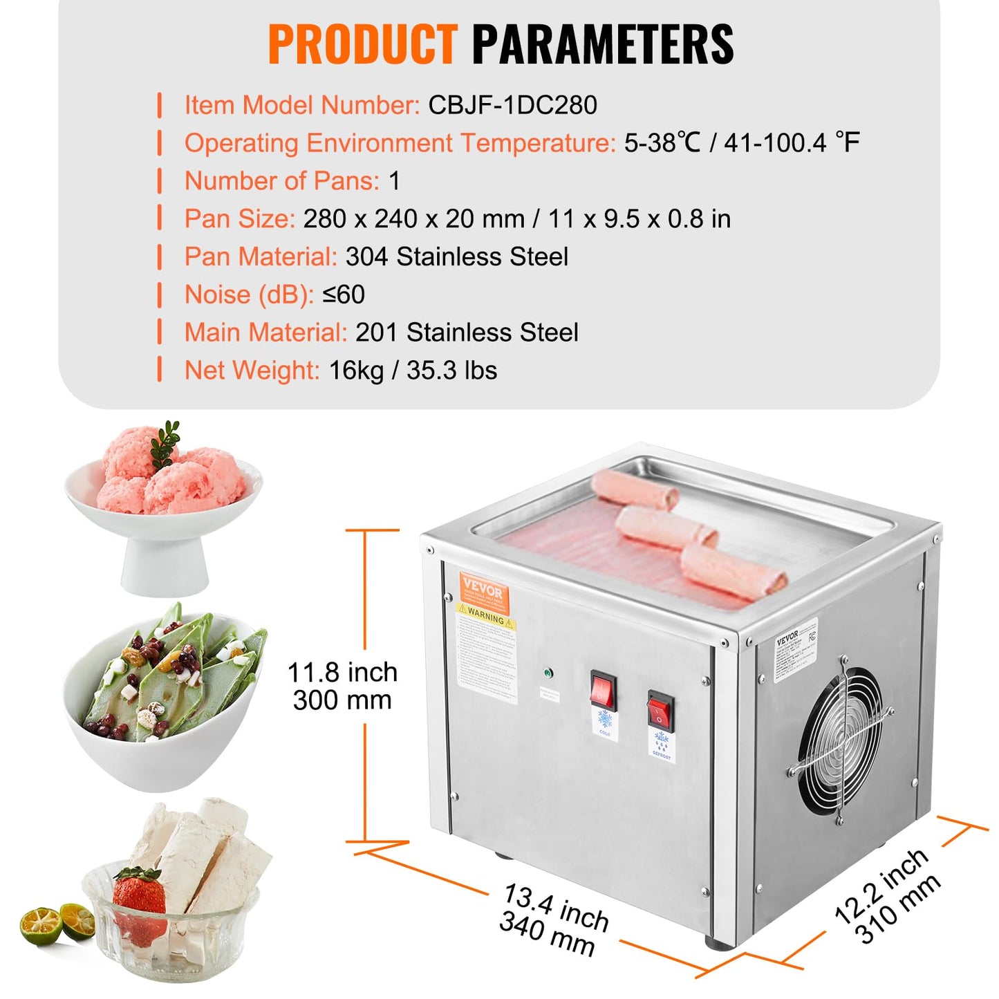 VEVOR Commercial Ice Roll Maker,Stir-Fried Yogurt Cream Machine 220W, Ice Cream Roll Machine with 9.4" x 11" Square Pan, Button Defrost Method with Food Shovels Perfect for Bars,Cafes Dessert Shops
