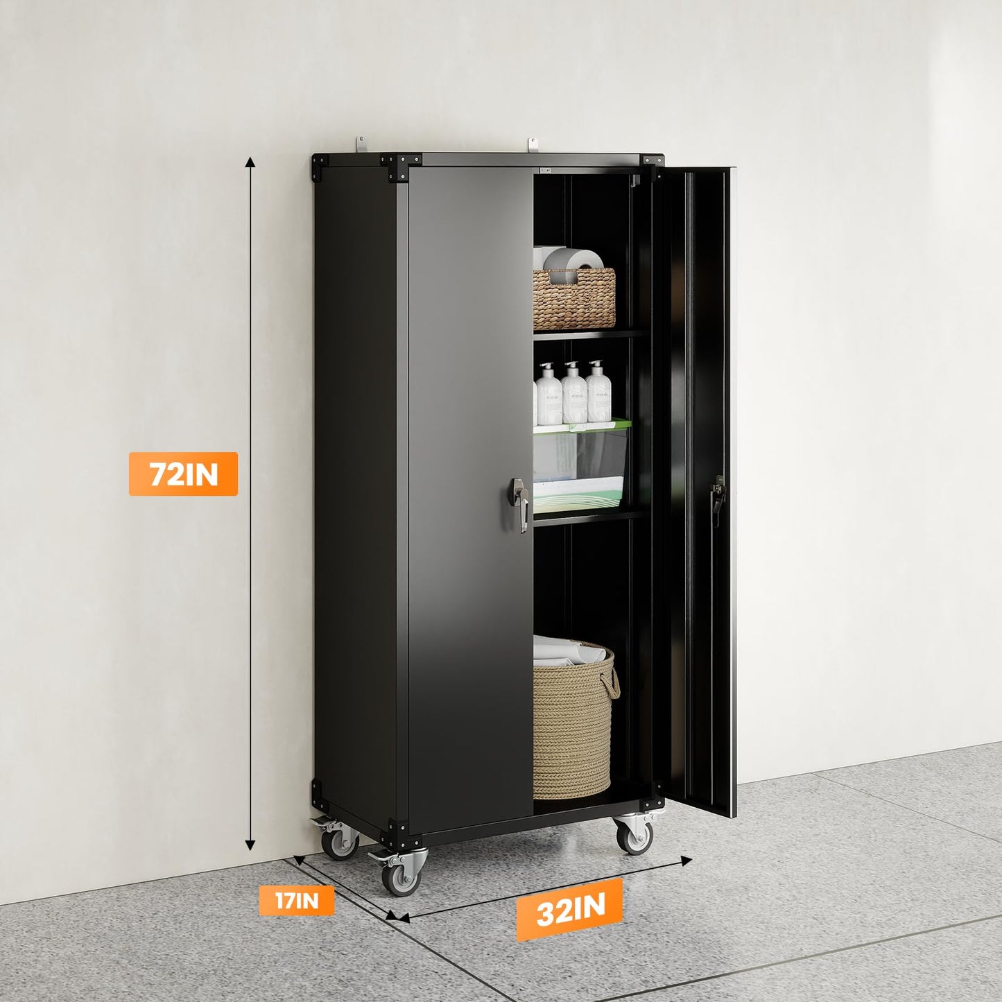 DUMOS 72" Metal Garage Storage Cabinet with Wheels, Tall Rolling Steel Tool Organizer with Adjustable Shelves and Locking Doors, Lockable File Cabinet for Garage, Home, Office, Warehouse, Black