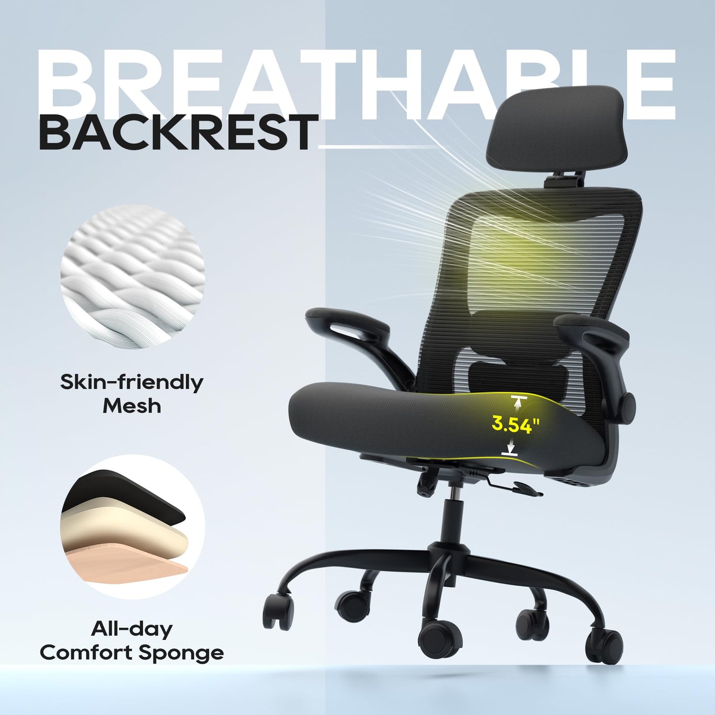 Ergonomic Office Chair, High Back Mesh Office Chair with Adjustable Lumbar Support, Flip-Up Armrests, Swivel Computer Desk Chair for Home Office