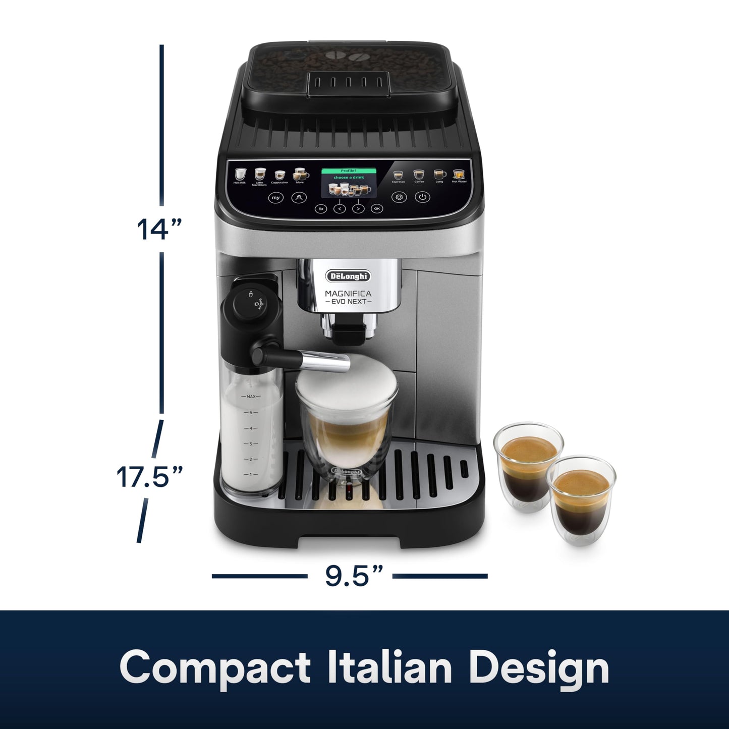 De'Longhi Magnifica Evo Next Fully Automatic Espresso Machine - Programmable Coffee Maker with Grinder and Milk Frother - Hot & Cold Brewer for Espresso, Latte, Cappuccino, Americano, Tea and More
