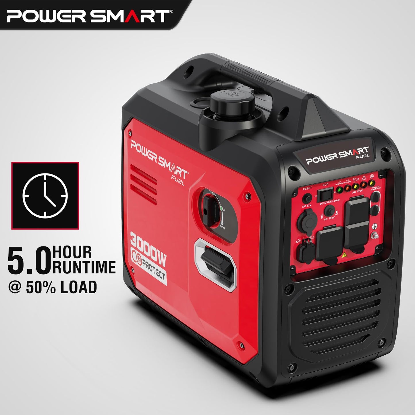 PowerSmart 3000W Portable Inverter Generator, Gas Powered with CO Alarm, Parallel Ready, 121.6cc 4-Stroke OHV Engine, Super Quiet for RV Camping and Home Emergency Backup